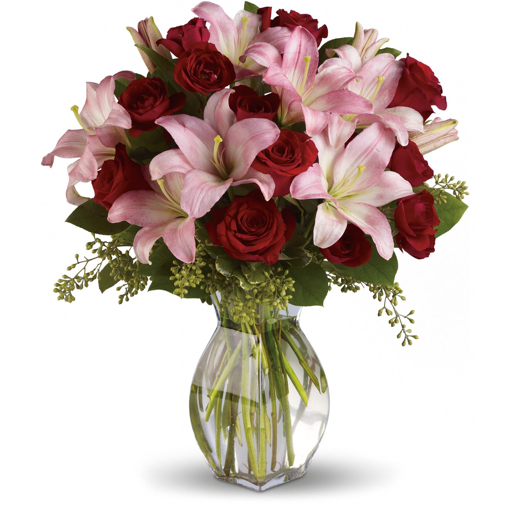 Lavish Love Bouquet with Long Stemmed Red Roses  - Lovely reds and pinks come together in this lavishly romantic anniversary gift. Sweetly sentimental, this combination of colors and flowers is a delightfully fresh way to say "I love you."  Radiant red roses and spray roses along with pretty in pink asiatic lilies are beautifully arranged in a stylish glass vase. It's a beautiful way to celebrate a romance that deepens with each passing year.  Approximately 17" W x 20" H  Orientation: One-Sided      As Shown : T5-1A     Deluxe : T5-1B     Premium : T5-1C  
