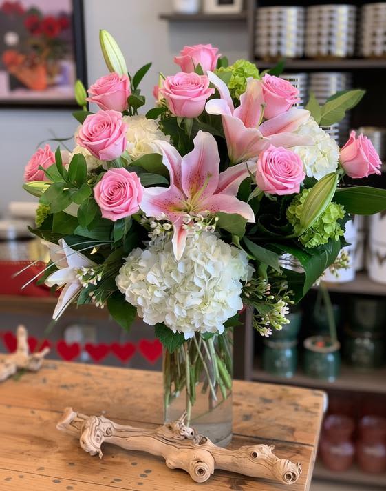 Pink Finest - A breathtaking tall and airy arrangement filled with passionate red roses, elegant stargazer lilies, and lush hydrangeas. This romantic mix creates a striking, heartfelt expression of love and beauty, perfect for any special occasion or to make a lasting impression.