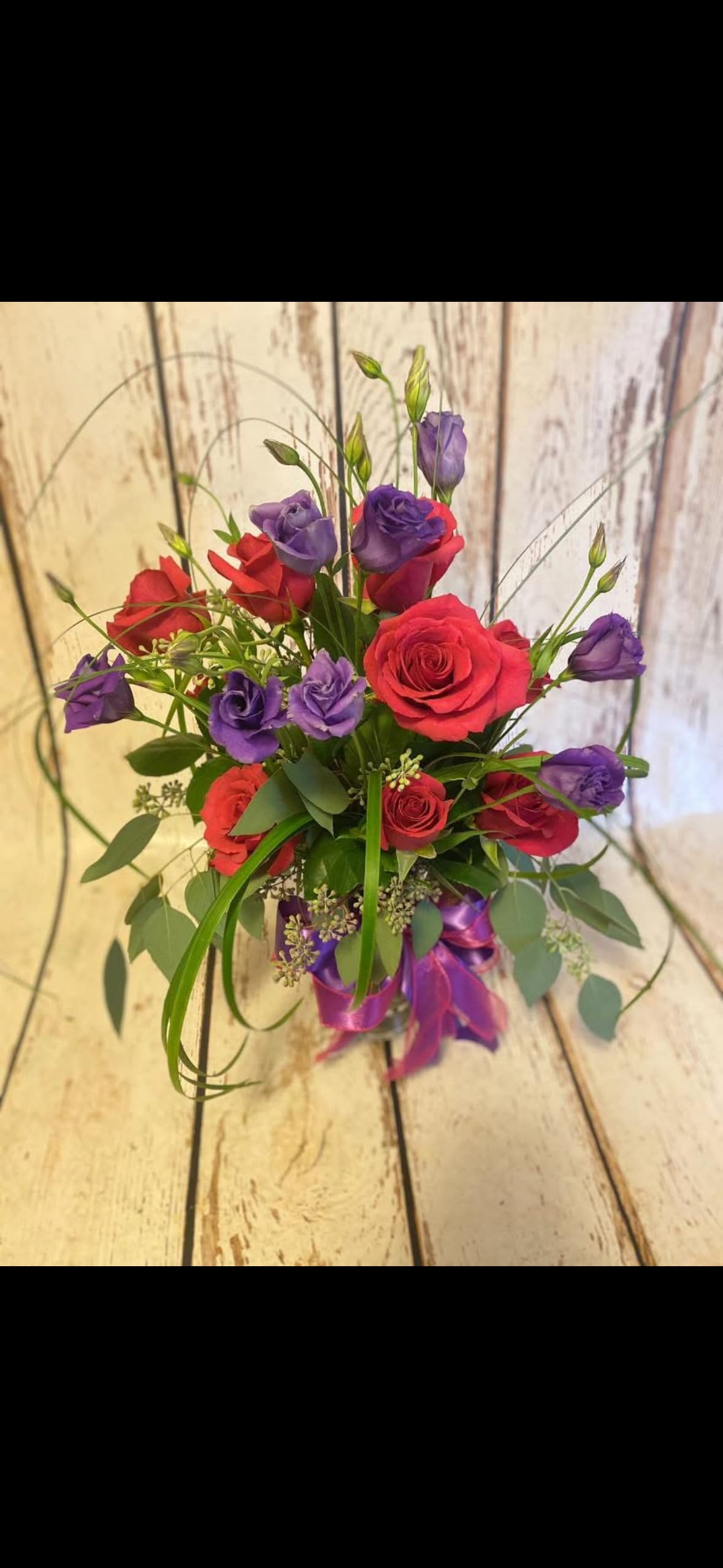 Romantic Blooms  - 9 Red roses, Purple filler with lush greens 