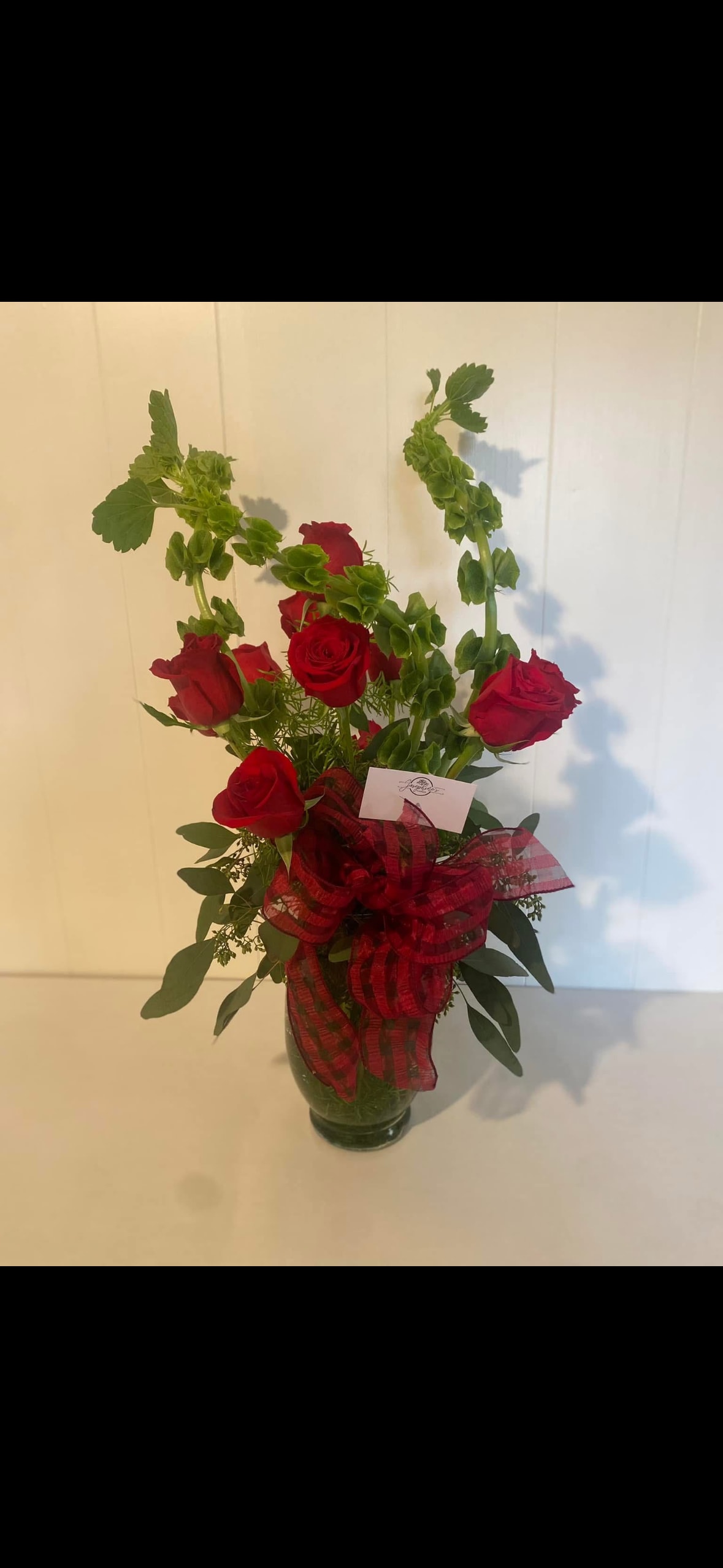 Roses and Belles - Dozen red roses, filler and green belles of Ireland make this arrangement a show stopper!