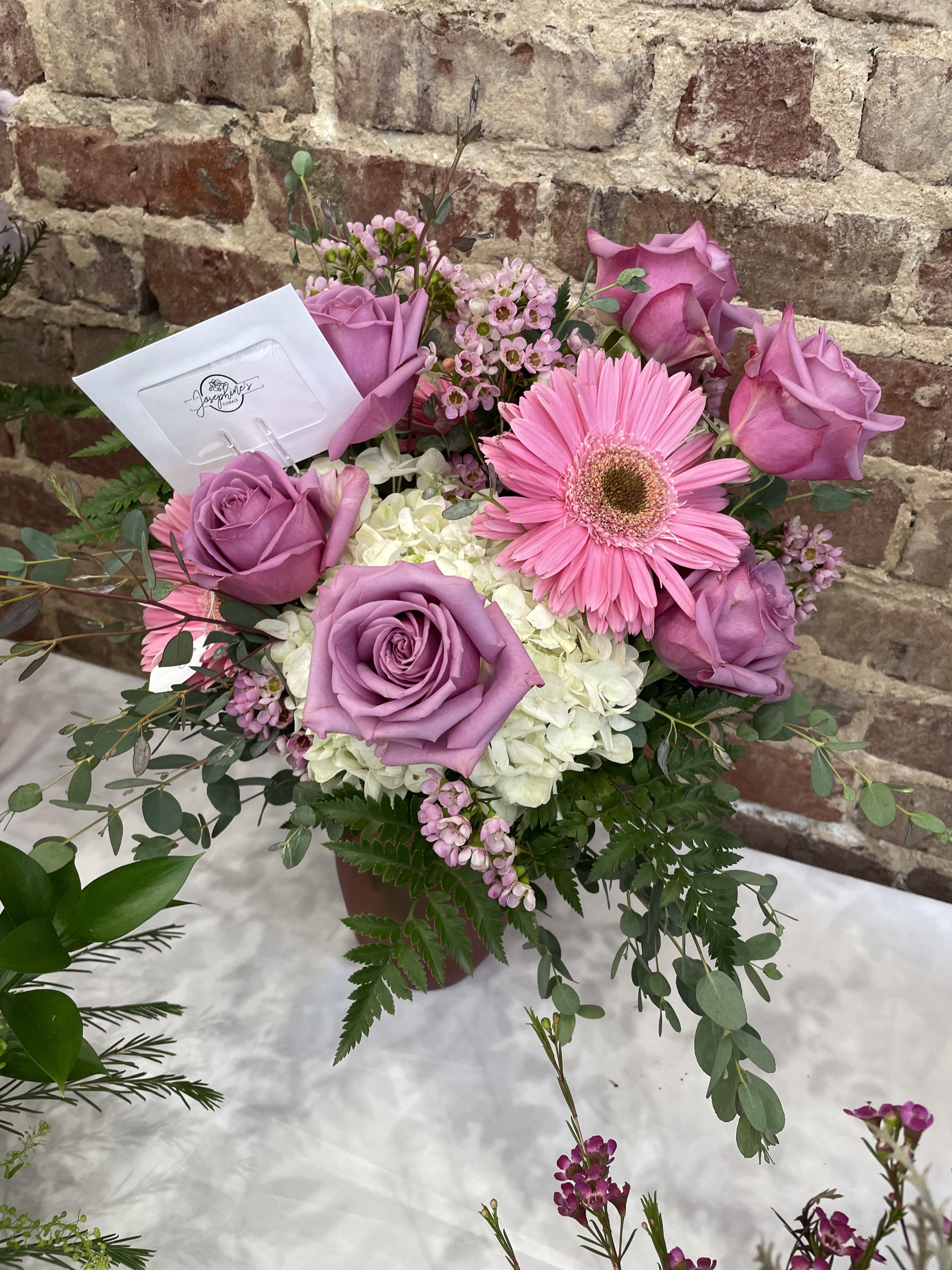Swooning Over You  - Lavender roses, pink Gerber daisy, fillers and hydrangeas 