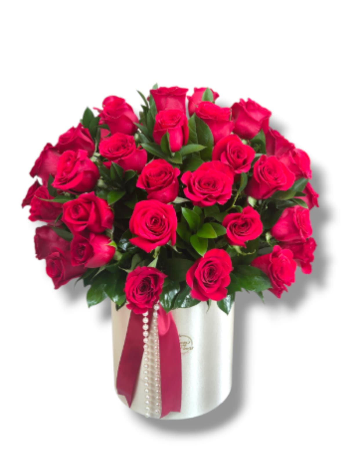 Sphere of 50 Red Roses - Radiant red roses arranged in a perfect sphere, featuring 50 stunning blooms adorned with lush green leaves and elegant red ribbons.