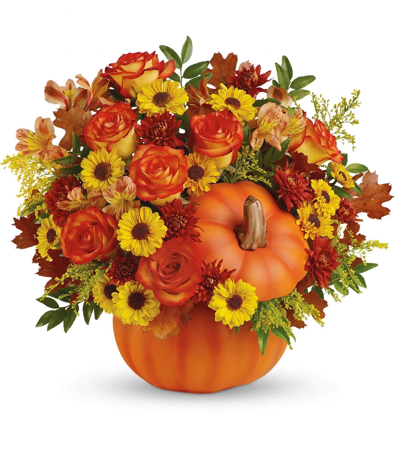 [Fresh Flower] Warm Fall Wishes Bouquet - Celebrate autumn with the Warm Fall Wishes Bouquet, featuring vibrant roses and alstroemeria artfully arranged in a timeless ceramic pumpkin. This elegant arrangement captures the essence of the season, offering a warm and inviting touch to any space. Perfect as a thoughtful gift or festive centerpiece, the durable ceramic pumpkin can be reused year after year, making this bouquet both beautiful and enduring. It’s an expert choice for bringing seasonal charm and lasting warmth to your home or someone special.Dimensions:	Approx. 14 1/2 W x 13 1/2 H