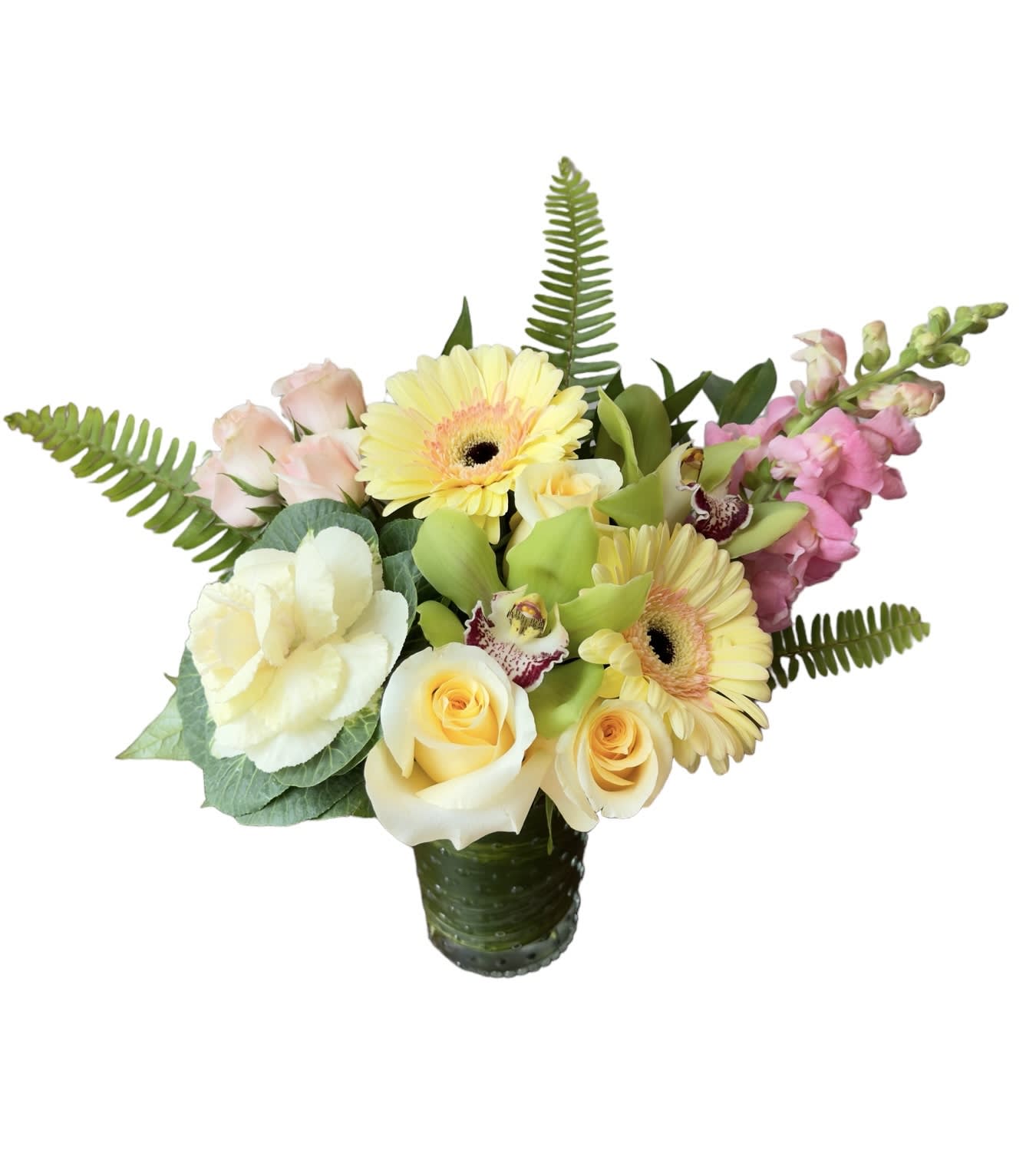 Blooms For You - Cream roses, green orchid, light pink spray roses, kale, pink snapdragon, yellow gerbera designed in a glass vase as shown in photo. 
