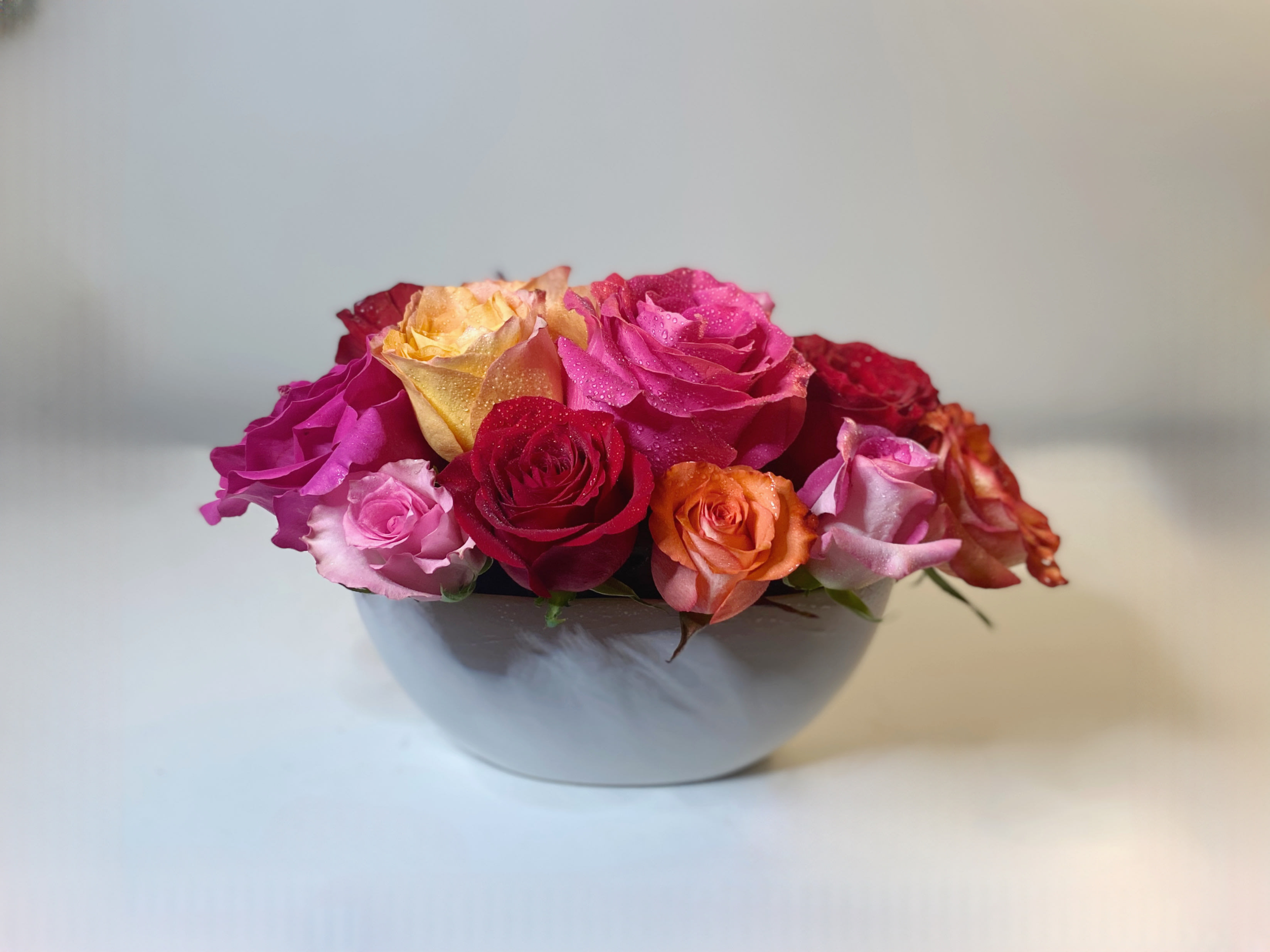 Hedge of roses -  Introducing our exquisite collection of roses in a white ceramic! Elevate your space with elegance, luxury, and a modern touch. These romantic blooms evoke joy and create a delightful ambiance. Bring a friendly vibe to any room with these captivating colors. Get yours today.  Approximately 12 by 10 and 14 roses