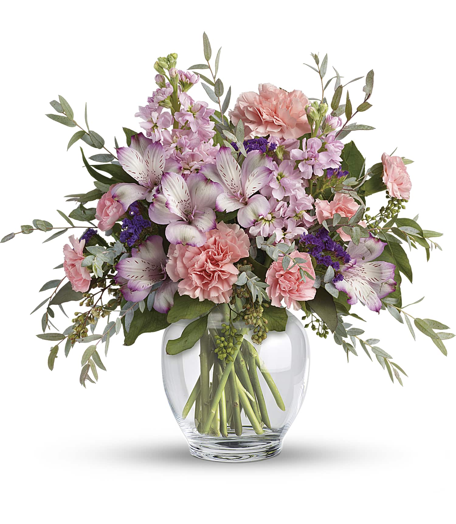 [FRESH FLOWER] Graceful Pastels Bouquet - Send mom some inspiration this Mother's Day with this peaceful pastel carnation and light purple alstroemeria bouquet! The pale colors of the lavender alstroemeria and the pink carnations balance perfectly in this perfectly composed arrangement. Please note, the premium size contains creme roses.  Details: • Lavender Alstroemeria • Pink Carnations • Pink Mini Carnations • Pink Stock • Purple Statice • Clear Glass Vase