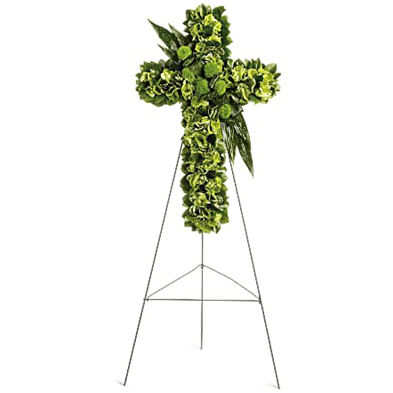 Garden Cross Standing Spray - Stunningly simple, this lovely floral cross is a beautiful addition to the memorial service, honoring someone for whom faith was an essential part of life. The exquisite arrangement includes green hydrangea, green trick dianthus, variegated pittospourum, accented with Israeli ruscus and other assorted greenery. Orientation: One-Sided
