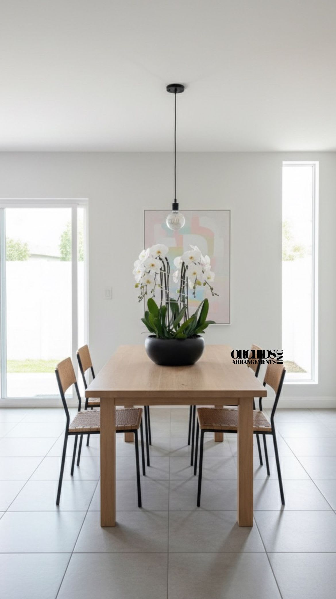 White Orchids Same Day - A high quality Eight white orchids arrangement with a vase 15" D X 7" T. An orchids arrangement deliver for any occasion design with fresh natural real beautiful Phalaenopsis cascade orchids plants minimalist decor.