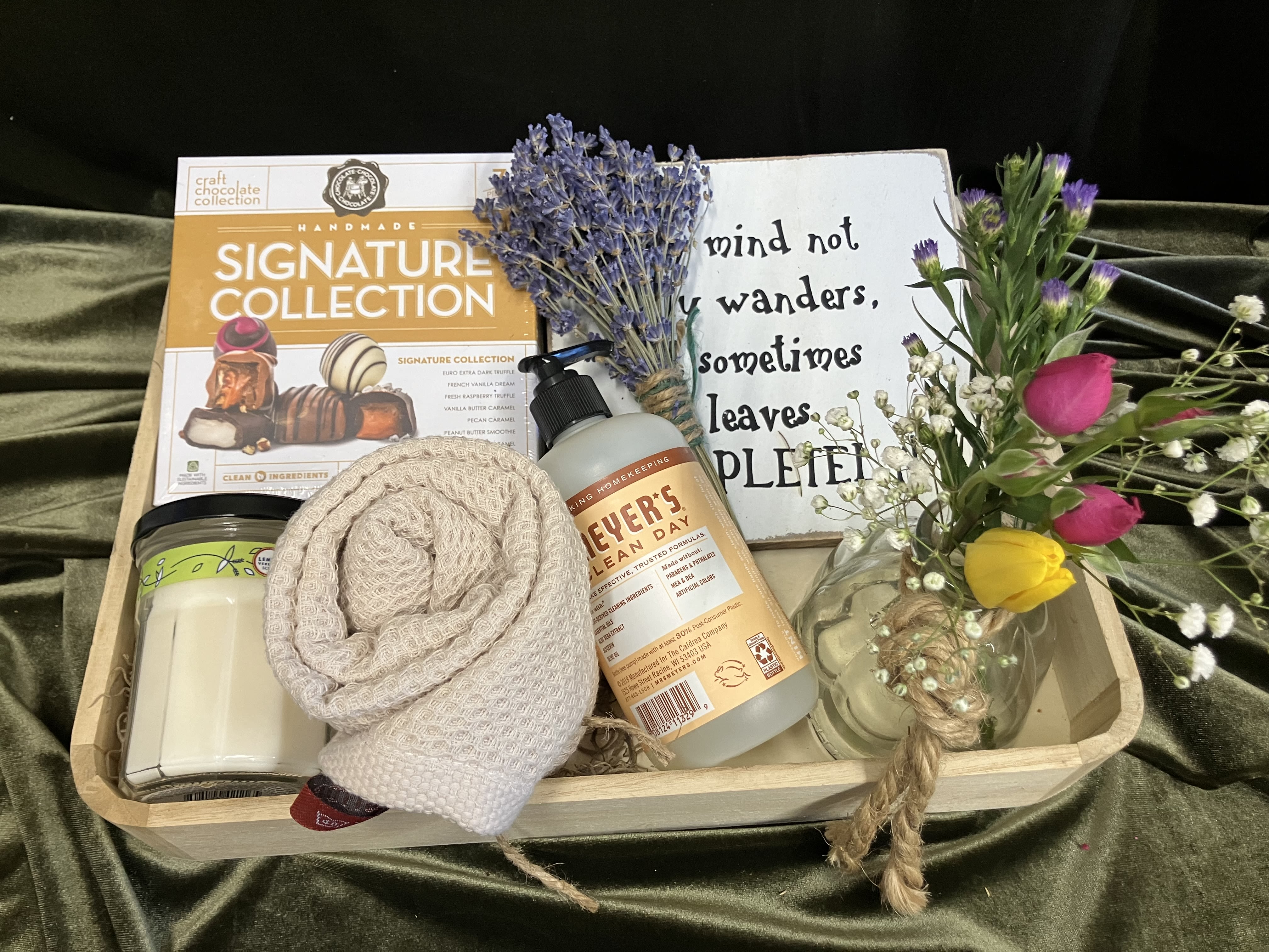 Home Refresh Gifts - Assorted items for a unique gift, includes serving tray, chocolates, flowers, hand towel, dried lavender and candle!