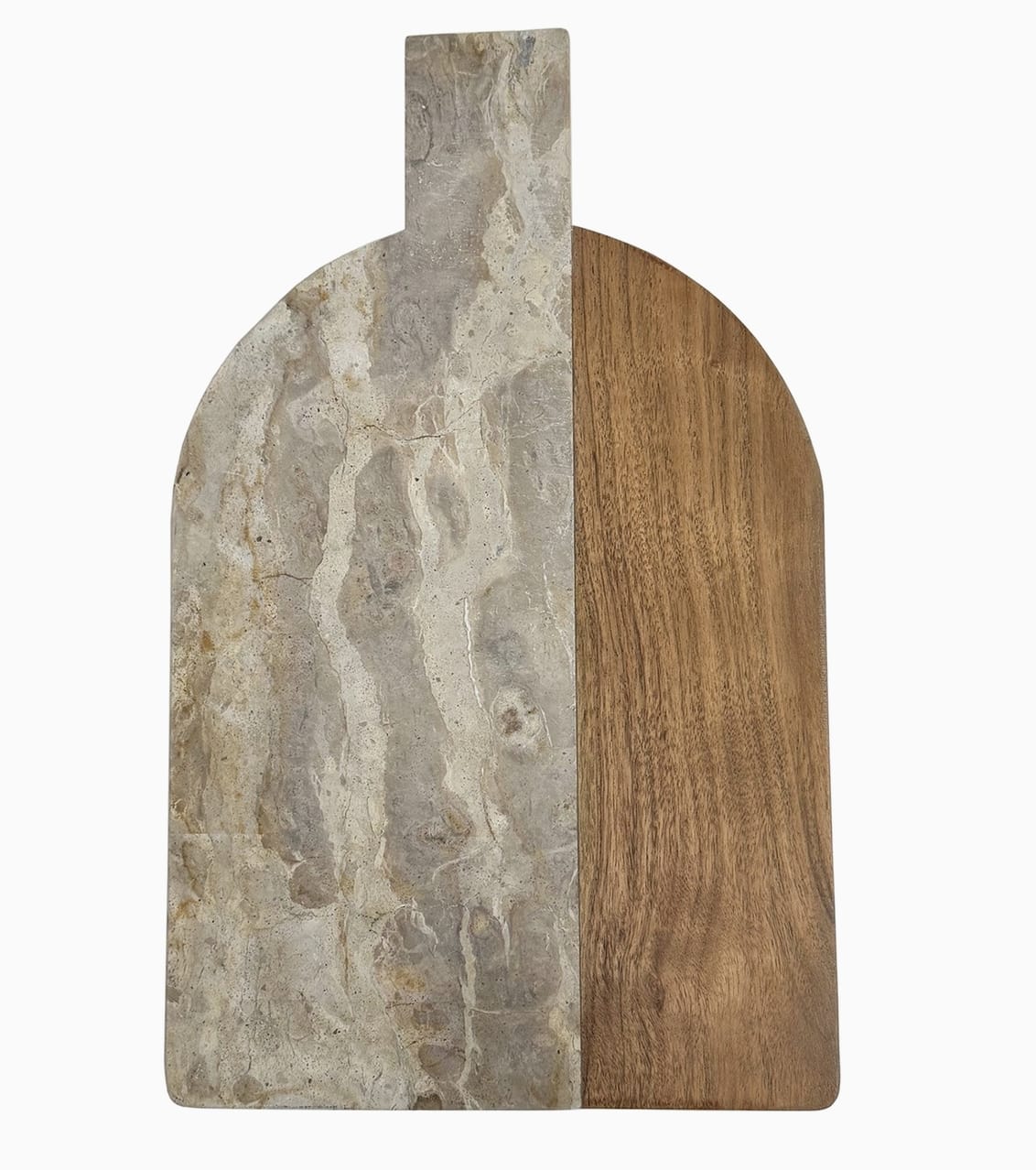 Arched Marble &amp; Acacia Wood Charcuterie Board - Andaluca's Arched Marble &amp; Acacia Wood Charcuterie Boards are made from gorgeous natural acacia wood fused with beautiful natural marble that has dark and medium veining throughout. Additionally, these charcuterie boards really showcase the wood grain and alternating golden tan and dark brown colors of the acacia wood.