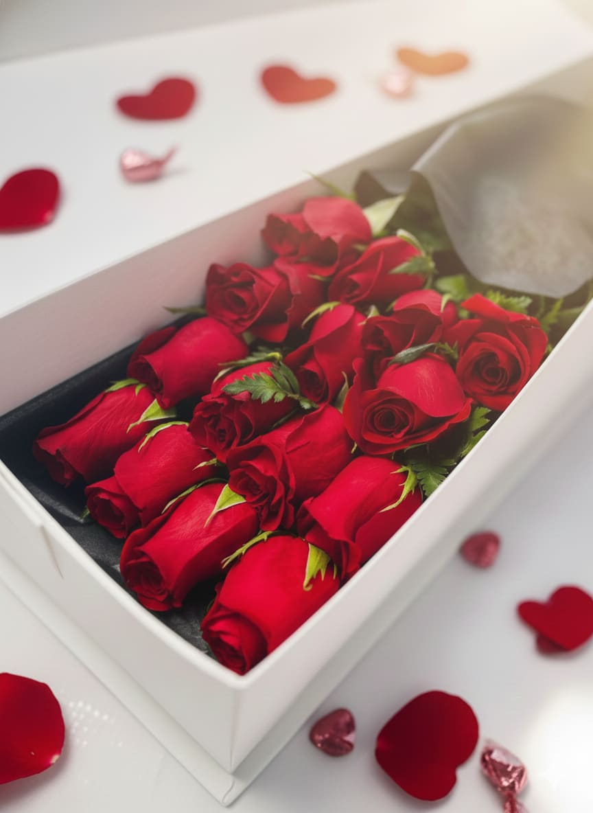 Prem Long stem roses in a box - "Express your love with this elegant bouquet of 12 premium red roses. Hand-selected for freshness and beautifully presented in a luxury white gift box with romantic accents. Perfect for anniversaries, Valentine's Day, or surprises. Order now from Garden 54 for same-day delivery!"