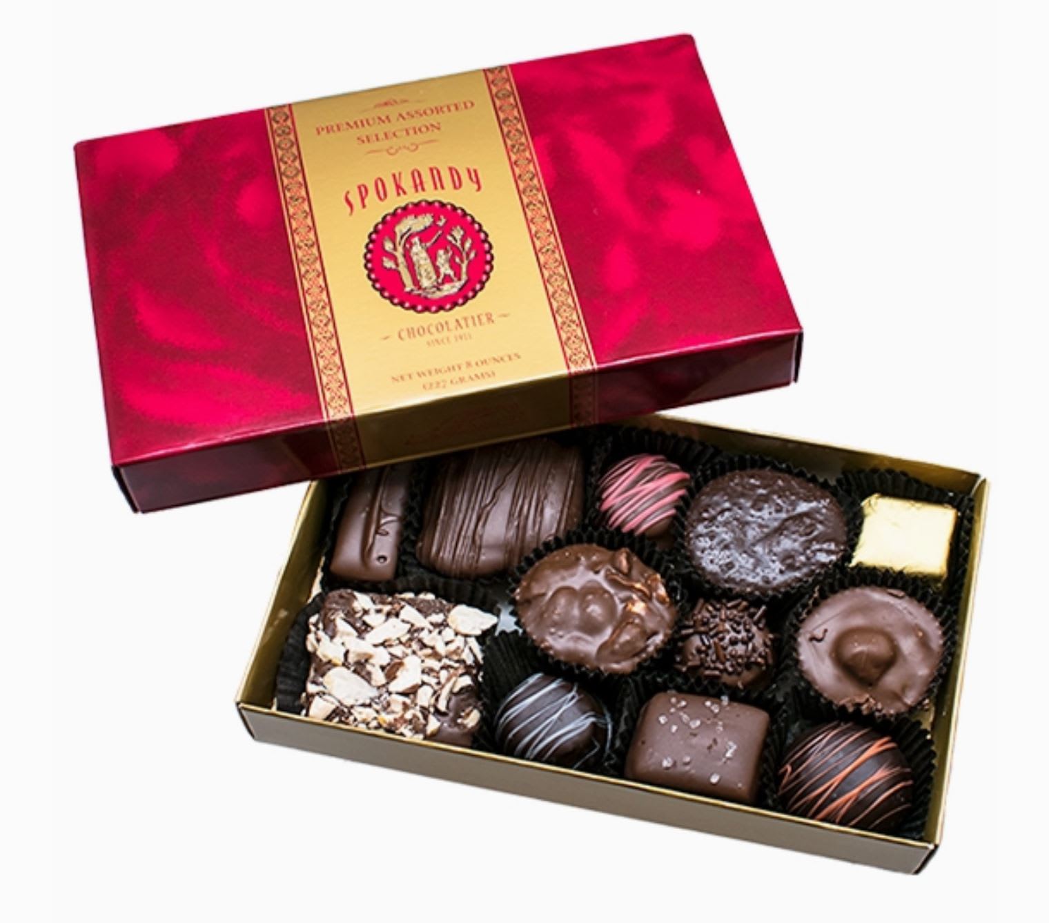 Premium Boxed Chocolates  - Chewy caramels, flavorful soft fillings, freshly roasted nut clusters, along with other decadent specialties. Drenched in pure milk chocolate and rich dark chocolate. 8 oz box.
