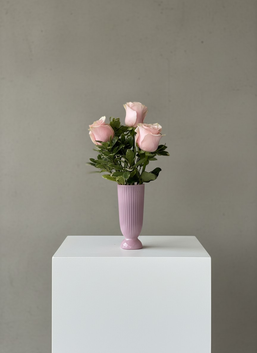 Pretty In Pink - Gift this delicate pink arrangement to your loved one this holiday!  Comes with 3 Pink Mondial Roses. Simply designed with a matching pink vase and variegated greenery!  Ribbon and bows can be added if requested!