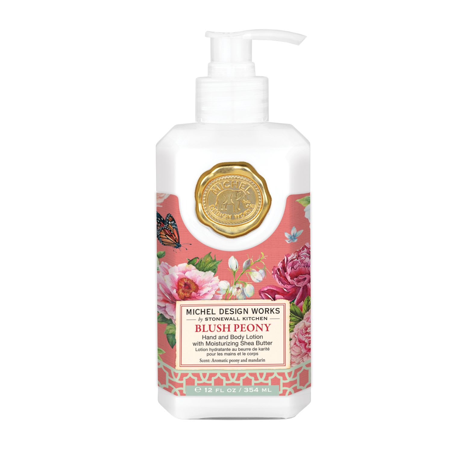 Blush Peony Hand and Body Lotion - Forever classic, showy peonies in all their pastel glory bring a touch of elegance and romance all year round.  Fragrance: Aromatic Peony with a hint of mandarin, notes of gardenia, and touches of cedar and sandalwood.  Our soothing lotion is a blend of aloe, coconut oil, shea butter, and other select herbs and botanicals to moisturize and soften the skin.  12 fl oz / 354 ml