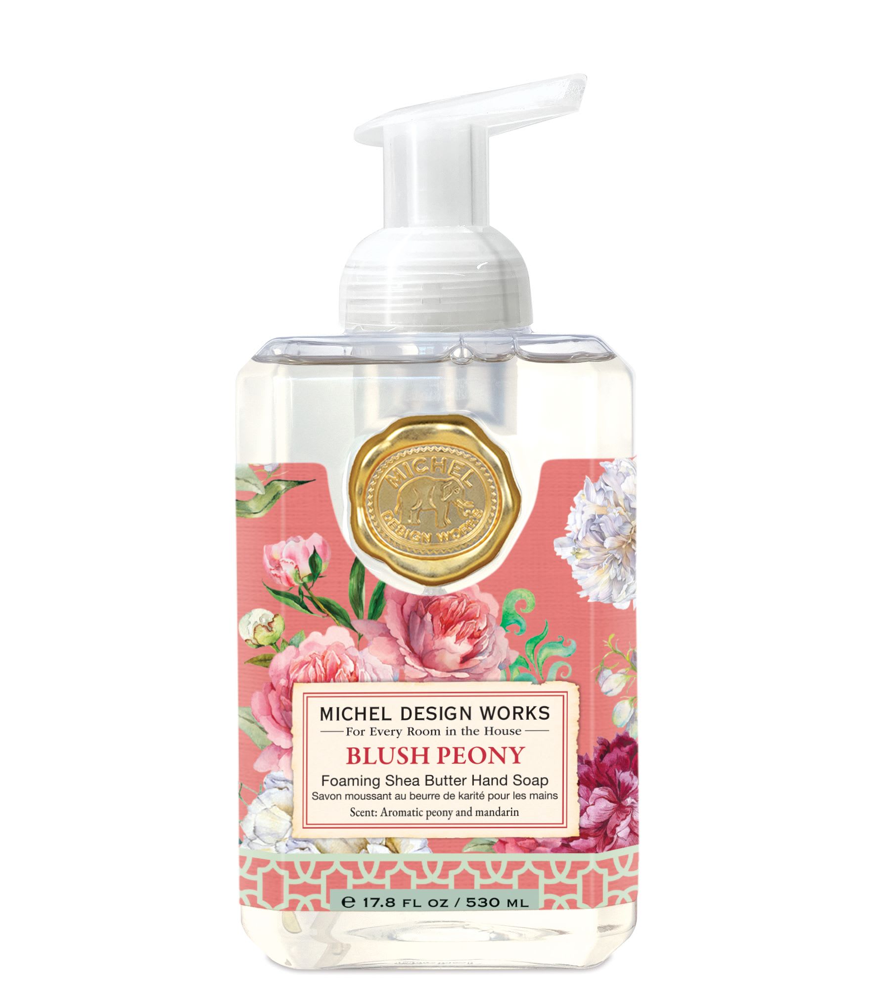 Blush Peony Foaming Hand Soap - Forever classic, showy peonies in all their pastel glory bring a touch of elegance and romance all year round. Fragrance: Aromatic Peony with a hint of mandarin, notes of gardenia, and touches of cedar and sandalwood. The generous size of our foaming hand soap proves you can offer great value without sacrificing quality. Formulated with luxurious shea butter and aloe vera for gentle cleansing and moisturizing.  17.8 fl. oz. / 530 ml liquid