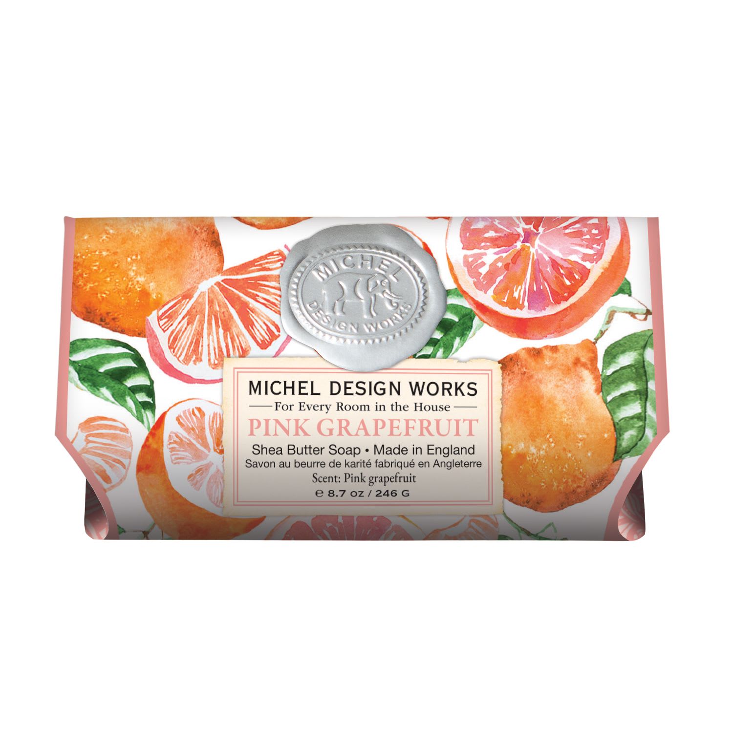 Pink Grapefruit Large Bath Soap - Our triple-milled soap is made of pure vegetable palm oil and glycerin and is enriched with moisturizing shea butter to provide a luxurious bath experience.  Scent: Juicy pink grapefruit with the zest of lime and a drop of rose.   This collection showcases one of our all-time best-selling fragrances: zesty pink grapefruit. A bright scent for the kitchen, it works perfectly for the powder room as well.  8.7 oz / 246 g 