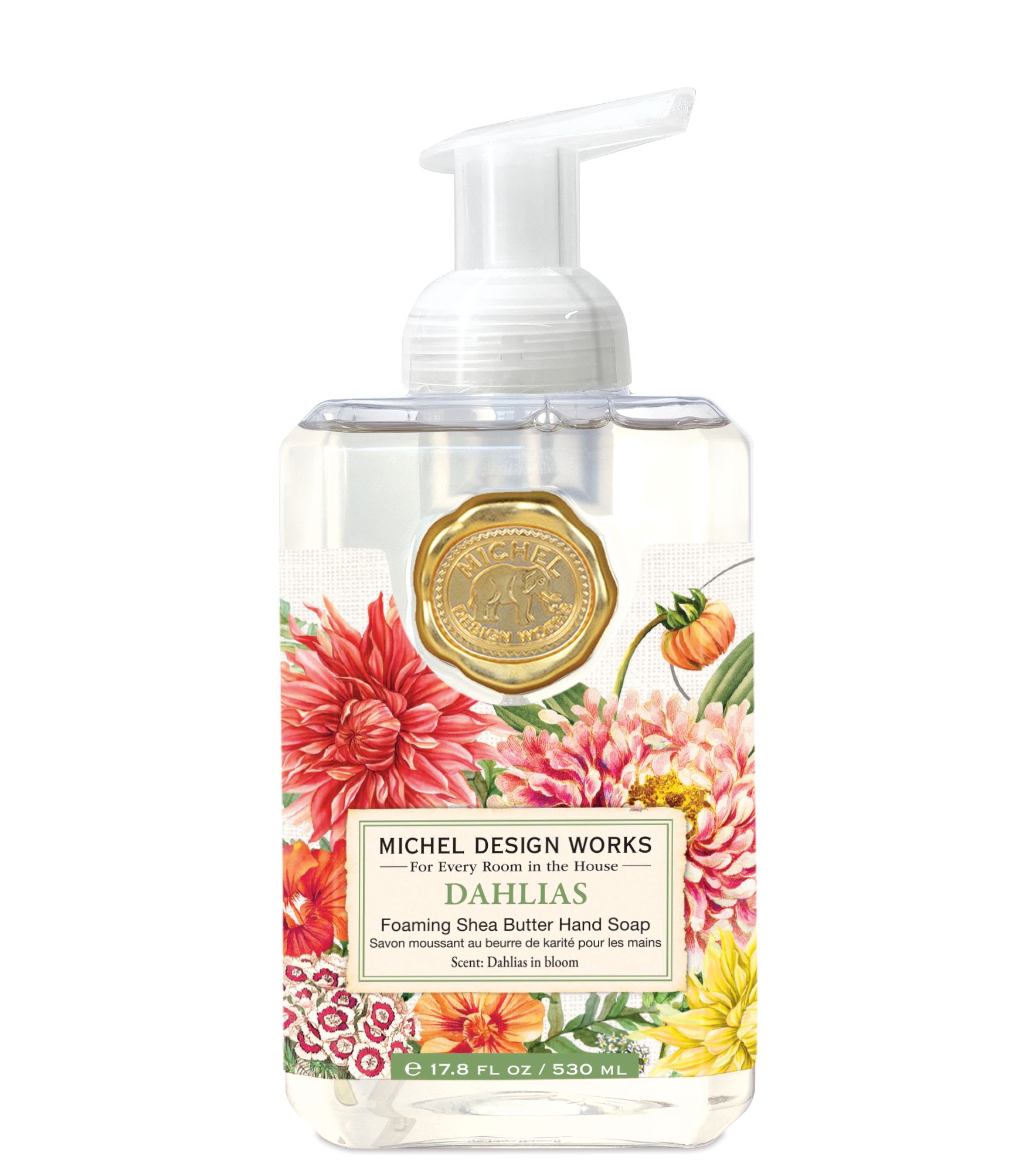 Dahlias Foaming Hand Soap - The generous size of our foaming hand soap proves you can offer great value without sacrificing quality. Formulated with luxurious shea butter and aloe vera for gentle cleansing and moisturizing.  Scent: Floral blossoms with undertones of musk and sandalwood Bright colors burst with natural energy in a loving ode to dahlias. Conjouring up the magic of strolling through a lush garden in springtime, with collection balances vibrant blossoms with an alluring floral aroma.  17.8 fl. oz. / 530 ml liquid 