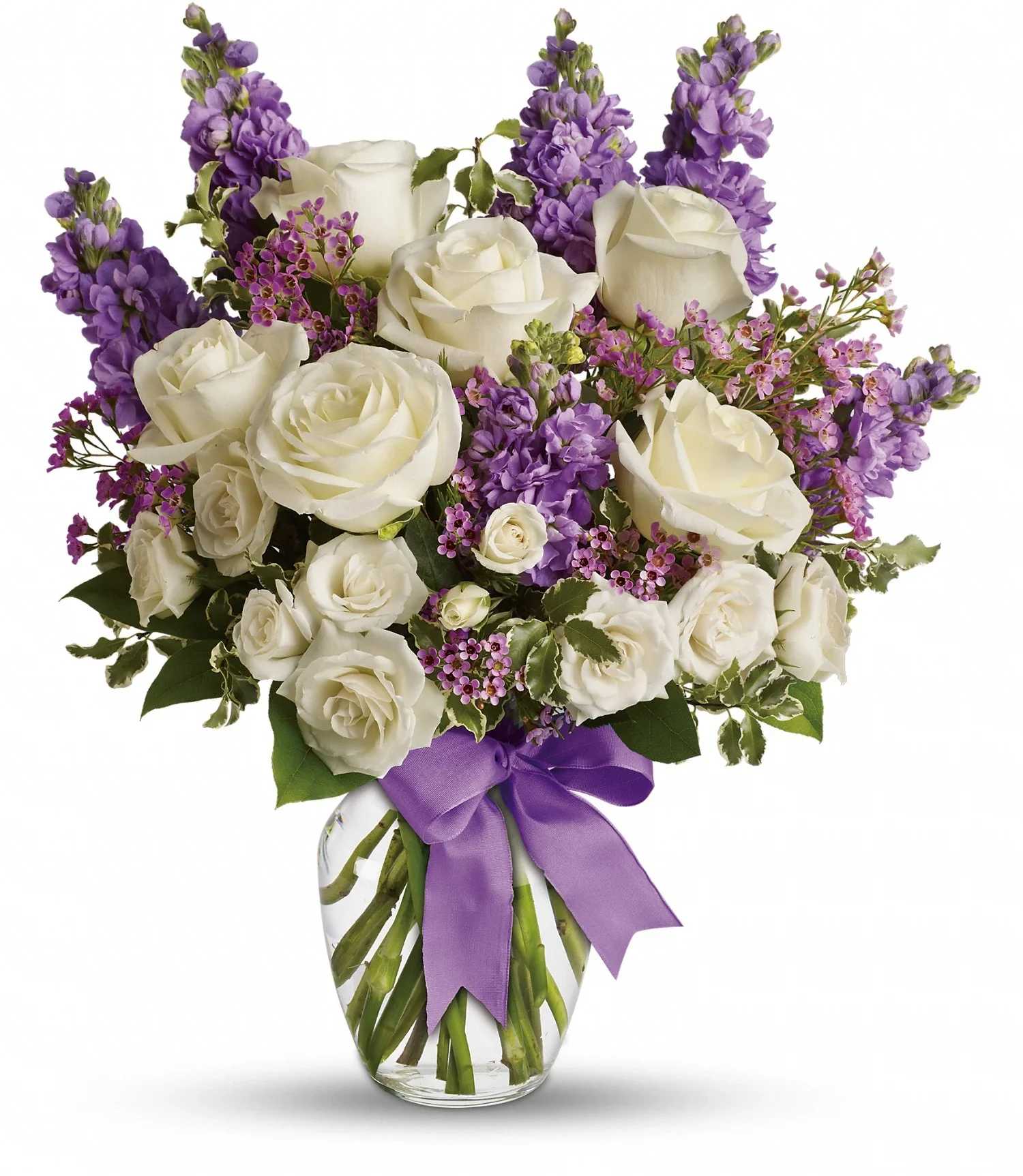 [FRESH FLOWER] Enchanted Cottage - Included 6 each roses, 50cm, white 2 stems roses, spray, white 6 each stock, lavender waxflower, lavender Greenery 