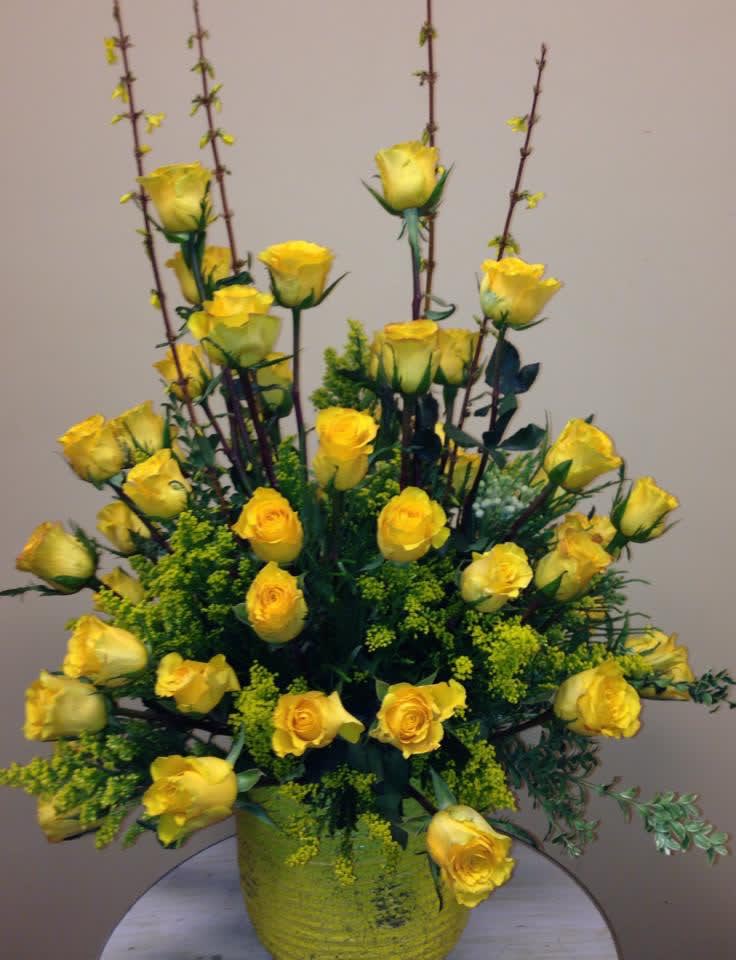 Brooke - Rose arrangement shown in yellow, available in other color palettes daily..... 