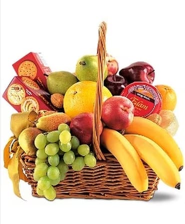 Gourmet Organic Fruit Basket - Gourmet Cheese and Crackers with Fresh Organic Bananas, Apples, Peaches, Pears, Oranges, Grapes, and Walnuts. We may not have the exact cheeses and crackers that are shown in the picture. We will ensure that a delicious organic cheese and crackers is included. Deluxe and Premium will include more fruit and gourmet snacks. When in season we may add Peaches, Plums or Apricots. Fruit is washed thoroughly before construction of basket.