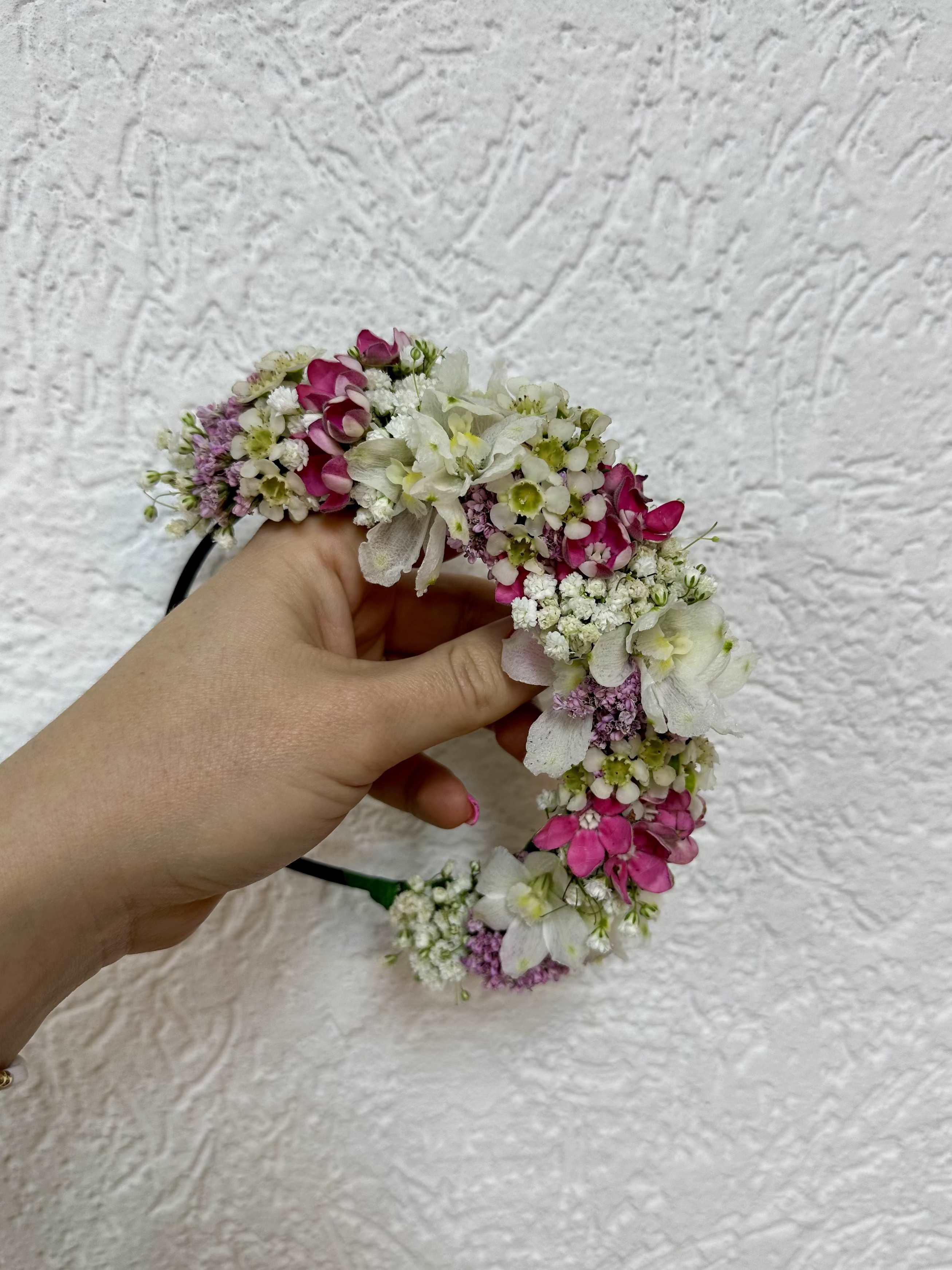 Flower Crown - Get ready for your birthday with our unique head piece!  Fresh flowers well detailed and arranged on a headband. Our flower headband fits any age including babies. The headband is covered by satin fabric so it sits comfortably on the head. 