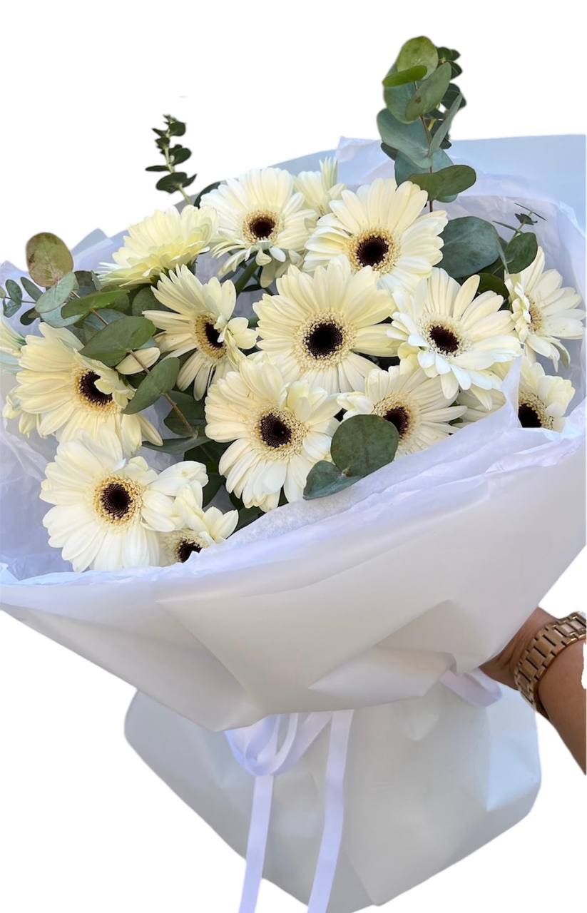 Delicate bouquet of 20 white daisies and eucalyptus. - Delicate bouquet of 20 white daisies and eucalyptus.  