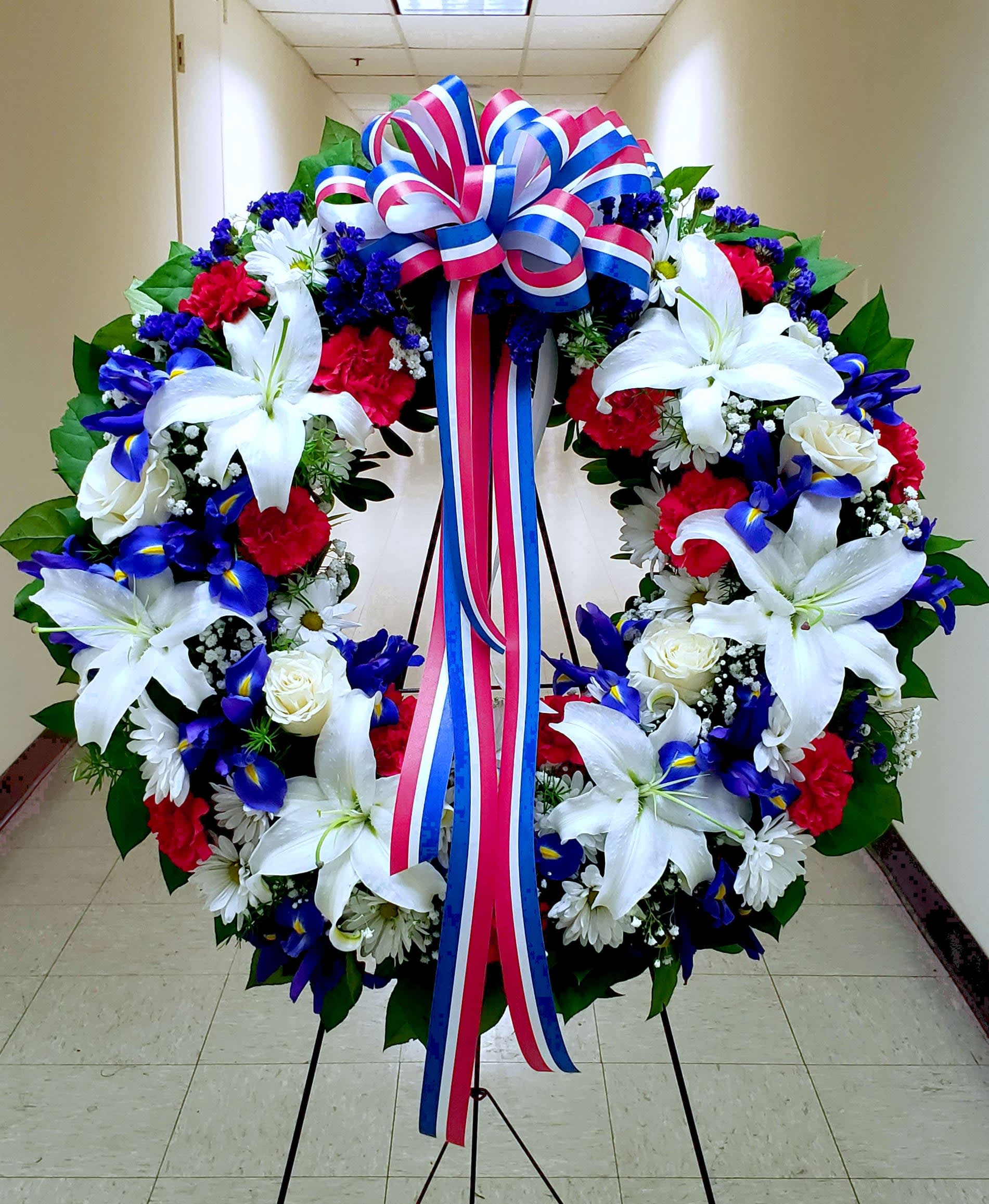 [TT-ANC98]  36" PREMIUM ETERNAL REMEMBRANCE WREATH ON EASEL - 36" PREMIUM ETERNAL REMEMBRANCE WREATH ON EASEL WITH PATRIOTIC BOW AND NO PRINTED BANNER.  EXCLUSIVE ARLINGTON NATIONAL CEMETERY CEREMONY WREATH BY TWIN TOWERS FLORIST INC