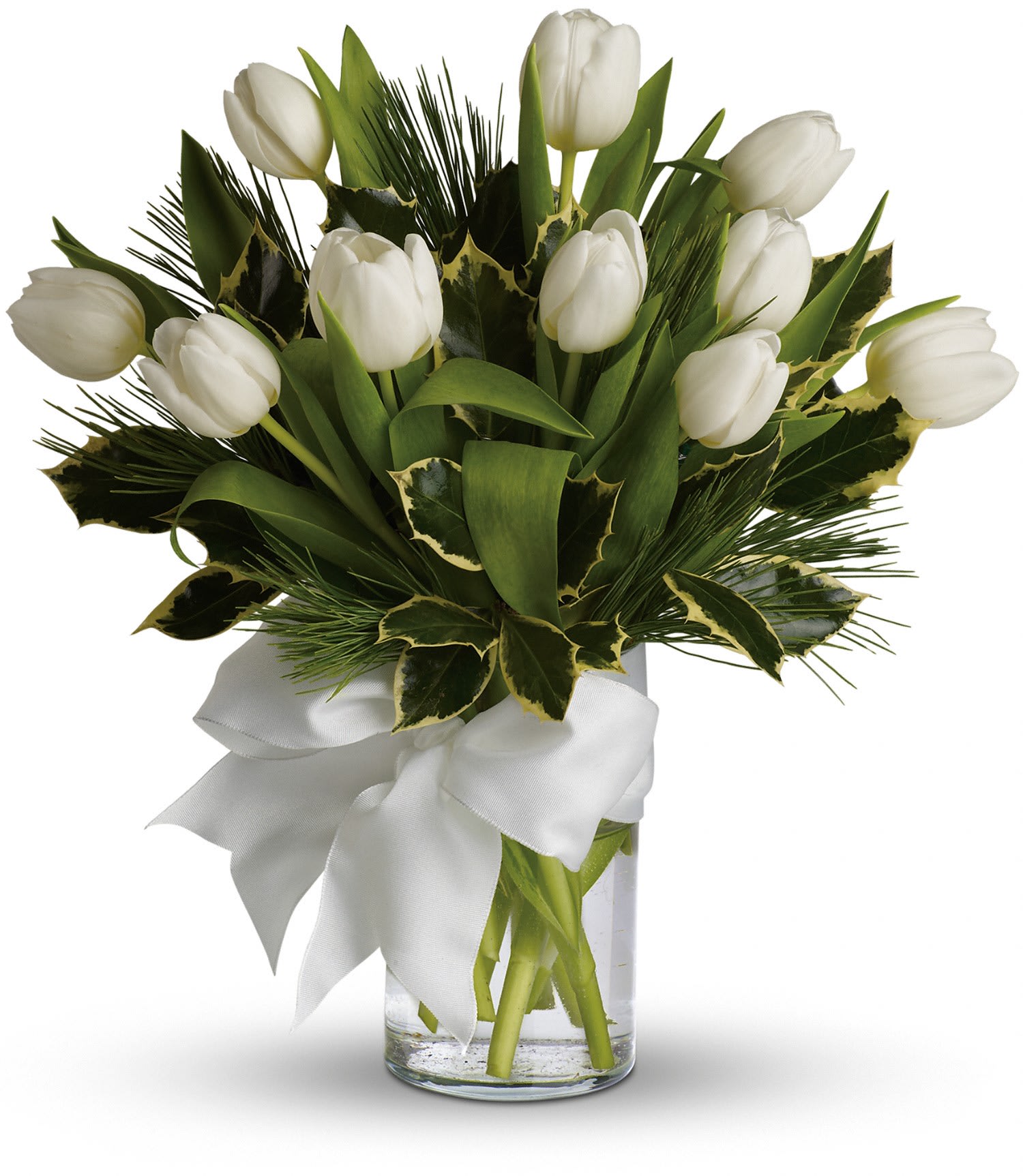 Tulips And Pine Bouquet - For a wintertime bouquet that's as pure as the driven snow, send this unexpected gift of ten white tulips, accented with aromatic white pine, and adorned with a silver ribbon. A simple pleasure for a peaceful season.