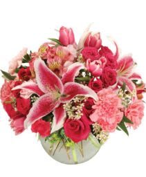 Pretty in Pink Bubble Bowl - A variety of shades of pink florals, including lilies, roses, and other pink blooms. 