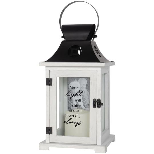 Lantern with Frame 'Your Light' - Lantern 'Your light will shine in our hears...always' Flameless LED candle lantern made from quality wood with metal top. Built-in 4"x6" picture frame. Built-in automatic timer, 6hrs ON/18hrs OFF. 3 AAA batteries included. Indoor use recommended. 57464 Approximately 6"W x 13"H