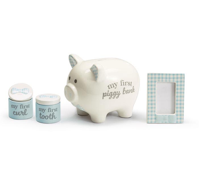 Baby Boy Gift Set - Blue gift set for a baby boy that includes a piggy bank, picture frame, and two containers for a first tooth and curl. They pieces are accented with bow ties and gingham patterns.  Bank: 5"H X 4.75"W X 6.75"D Containers: 2"H X 2"Diameter Frame: 4"H X 3"W, Photo: 2.5" X 3.5"
