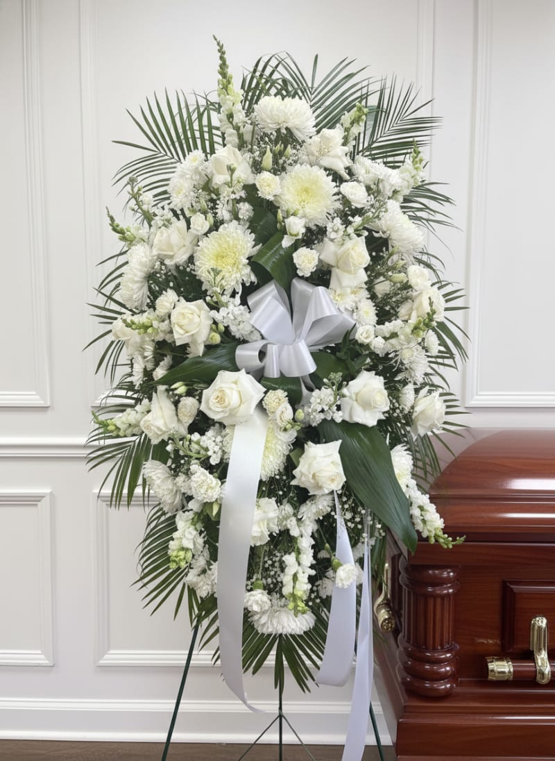 Purely Angelic Spray - This serene spray of flowers in all shades of white is a purely angelic expression of sincere condolence, a reflection of a life well lived.