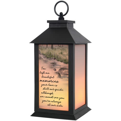 "Beautiful Memories" Frosted Flame Lantern - 13 in tall lantern  Batteries includeed 