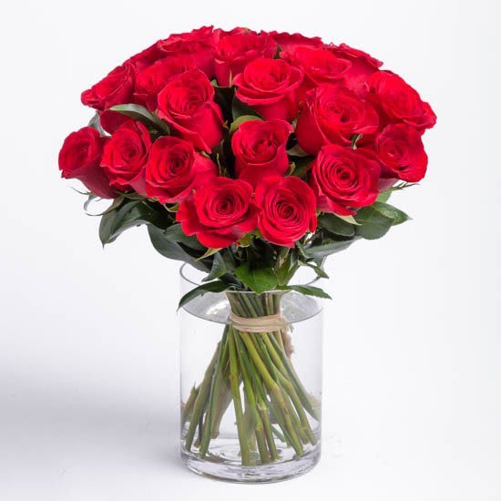 Roses 24 TIED ! - 24 Of the best Red Roses Tied  / gathered at the center and arranged in a clear vase