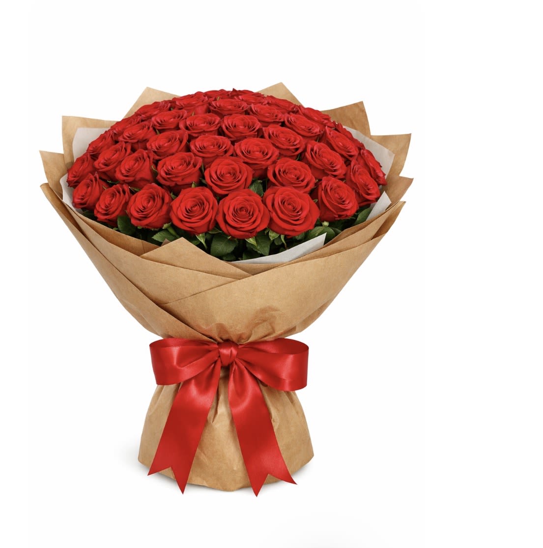 Classic Red Rose Bouque - A breathtaking bouquet of 100 fresh red roses, beautifully hand-tied and wrapped in elegant brown kraft paper, finished with a vibrant red satin ribbon. This luxurious arrangement symbolizes deep love, passion, and devotion, making it an unforgettable gift for anniversaries, Valentine’s Day, proposals, or grand romantic gestures. A truly impressive expression of love and elegance.
