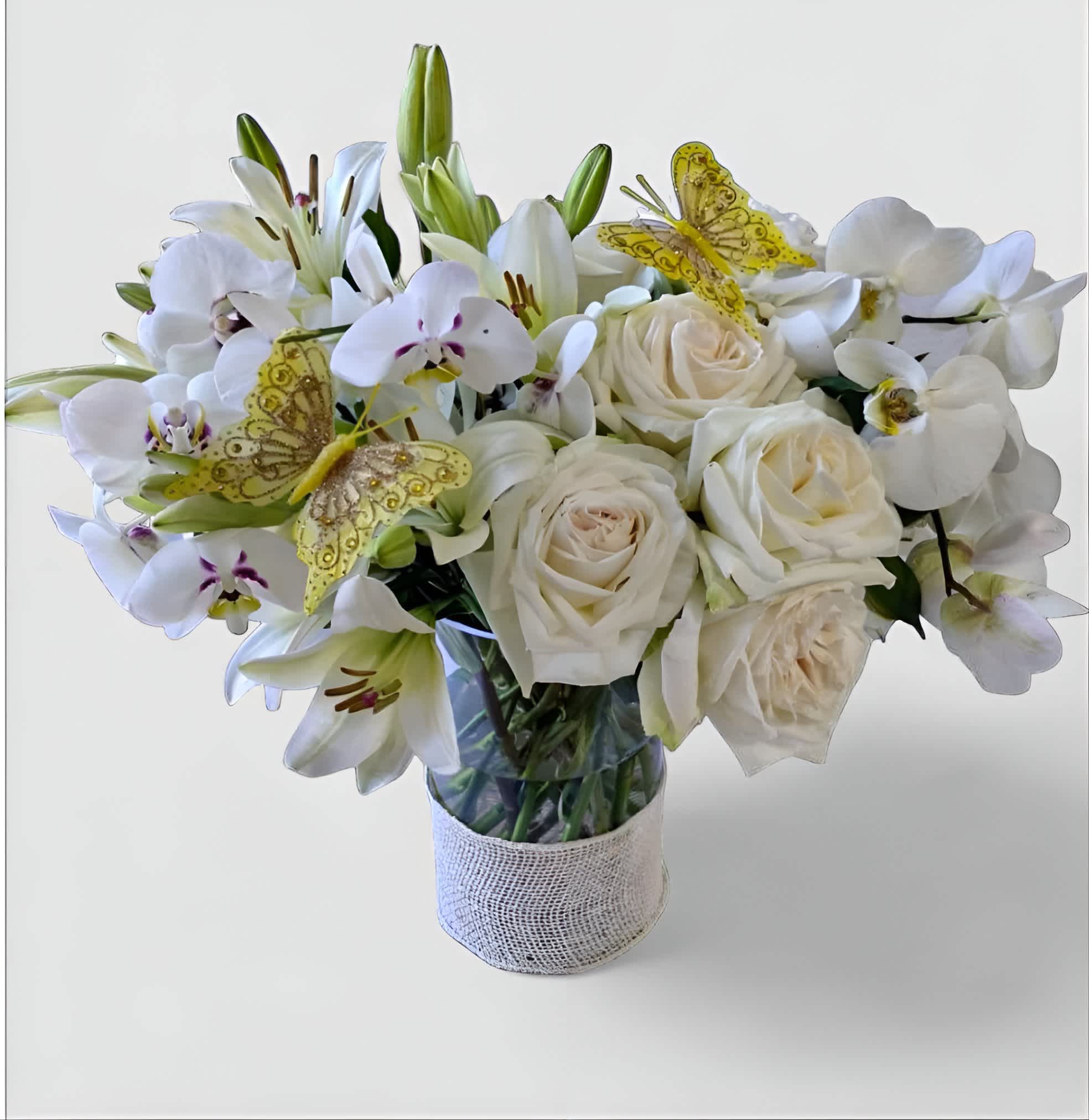 Vanilla Rose Bouquet Designer's Choice - Designer's choice; made beautifully from my beautiful vanilla roses lilies and orchids arranged in a tall modern glass cylinder vase wrapped in vanilla jute ribbon adorned with a beautiful butterfly. Stunning and perfect to send today to show them how much you care. All of my bouquets are always made extra special and unique each and every time. Send them happiness.