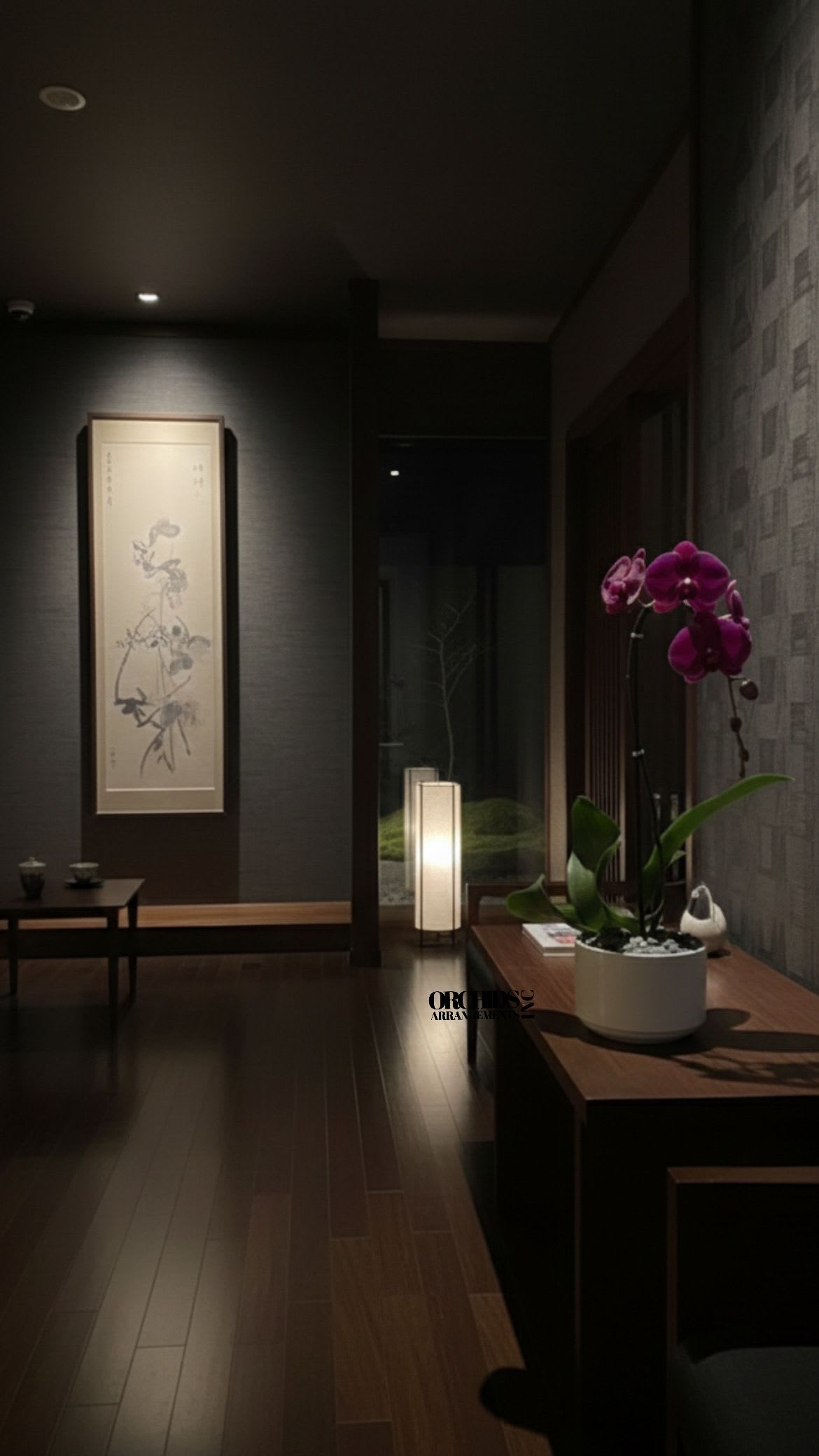 Same Day Flowers Purple Phalaenopsis - A high quality Single purple orchid arrangement with a vase 7" D X 5" T. An orchid arrangement deliver for any occasion design with fresh natural real beautiful Phalaenopsis cascade orchid plant minimalist decor.