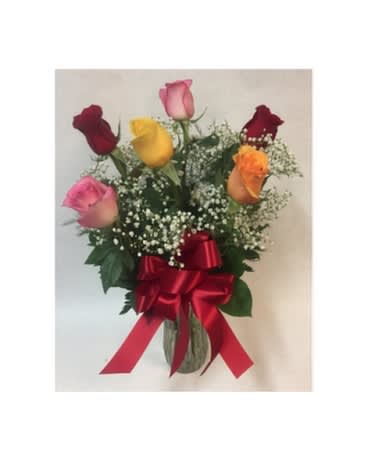 Half Dozen mixed color Roses - A half dozen mixed color roses arranged in vase. 