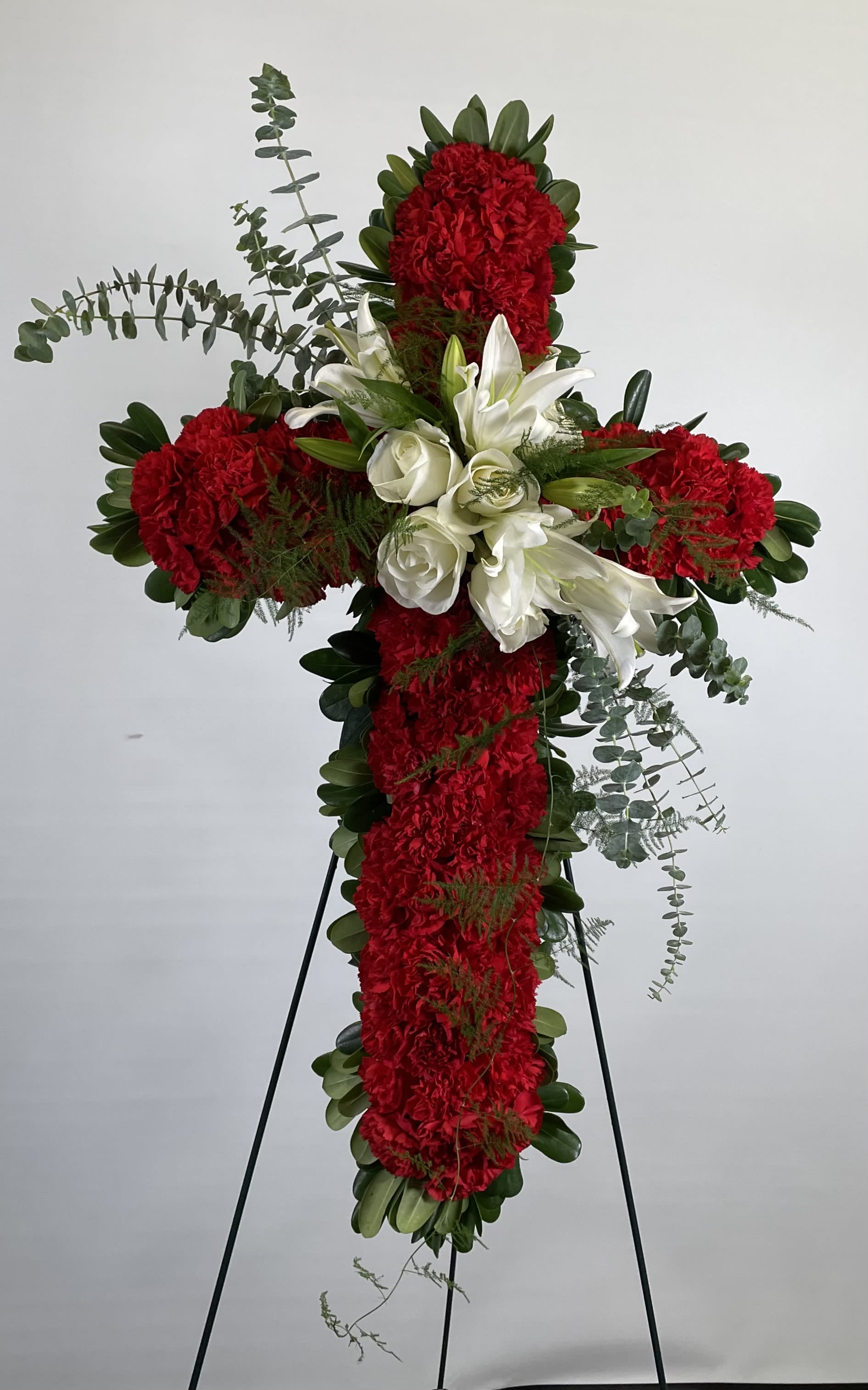 Beautiful Reverence - Cross Design of Solid Red Carnations Accented With Elegant White Flowers