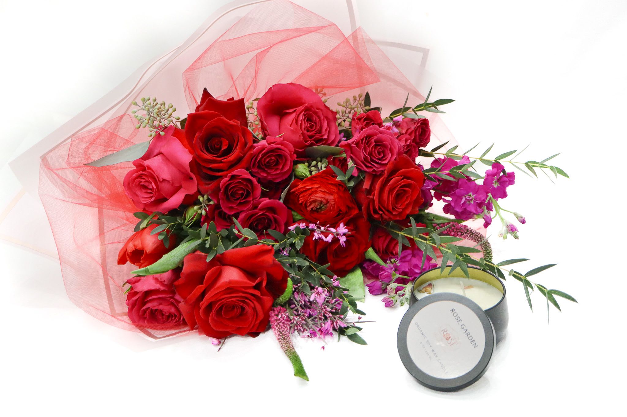 Me &amp; You - Me &amp; You Bouquet   A bold expression of love, just for the two of you  Make a powerful statement with our Me &amp; You Bouquet — a rich, romantic arrangement designed to celebrate deep connection and undeniable chemistry. Featuring luxurious red and crimson roses, accented with vibrant pink blooms, textured seasonal florals, and lush greenery, this bouquet speaks the universal language of love.  Wrapped in soft red tulle for an elegant, dramatic finish, Me &amp; You is perfect for moments when words aren’t enough. Whether it’s a grand romantic gesture or an intimate surprise, this bouquet captures passion, devotion, and togetherness in every stem.  Perfect for:     •    Anniversaries &amp; Valentine’s Day     •    Romantic surprises     •    “I love you” moments     •    Proposals &amp; special dates  Why it stands out:     •    Premium long-stem roses in rich, romantic tones     •    Hand-arranged by expert florists for a lush, full look     •    Bold color palette that symbolizes passion and commitment     •    Arrives beautifully wrapped and ready to impress   Size: Medium hand-tied bouquet  Care: Trim stems and place in fresh water upon arrival for lasting beauty  Please note: Flower varieties may vary slightly based on seasonal availability, but the signature red and pink color palette and overall design will always be preserved.  Me &amp; You isn’t just a bouquet — it’s a promise, a feeling, and a moment shared between two hearts.