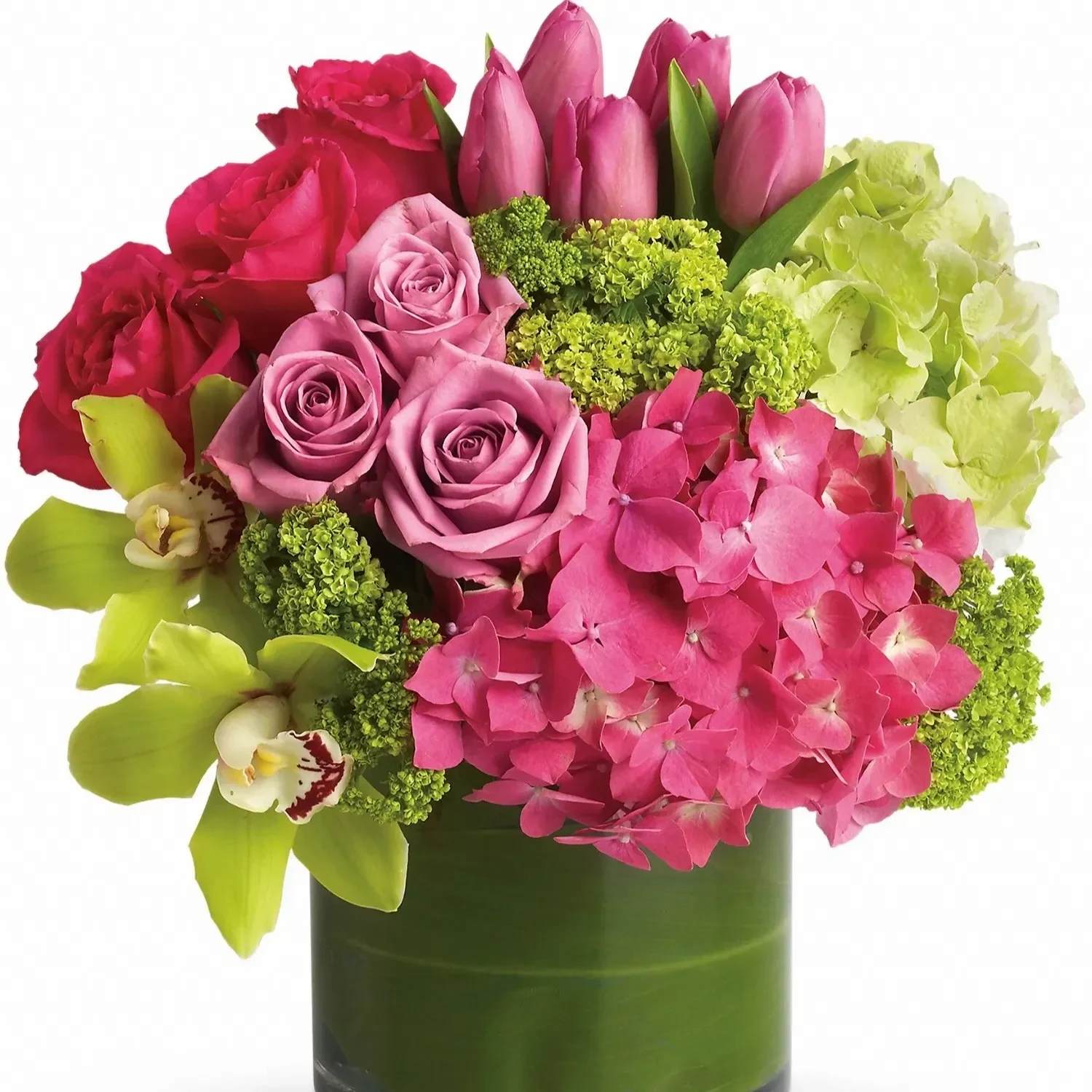 Blushing Elegance - Hydrangeas, tulips, roses, and green dendrobium orchids