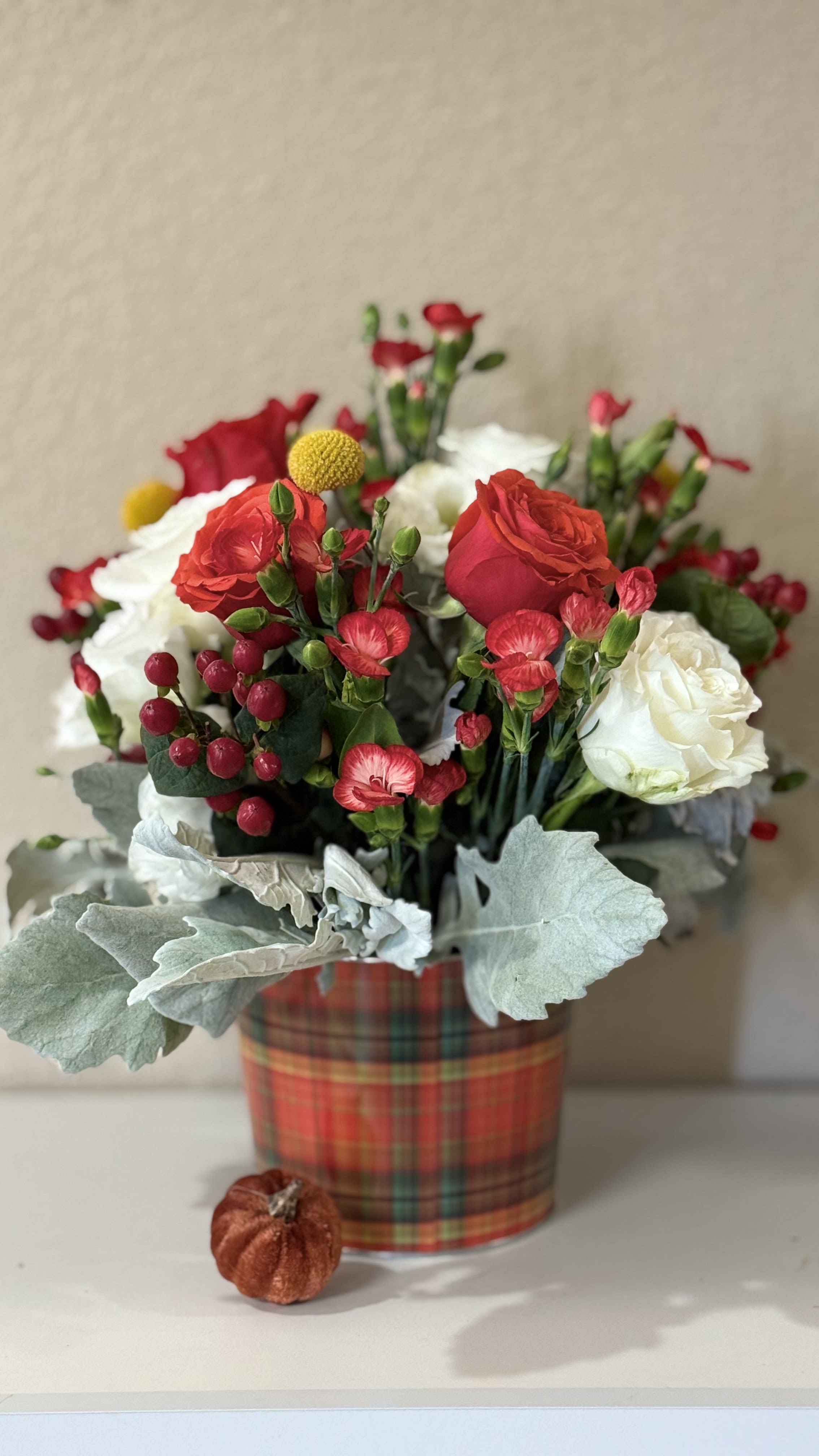 Autumm Woodland Charm - A celebration of rustic elegance. This fall arrangement blends red an white roses, hypericum berries, billy ball, and ,ini carnations, softened with dusty miller and frame in a plaid keepsake container. Making it a delightful centerpiece or thoughtful seasonal gift to share warmth  and love this fall.