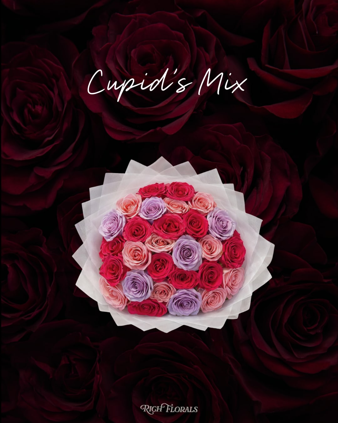 Cupid's Mix - Valentine's Day - A rose bouquet in light pink, hot pink, and lavender. Full, romantic, and made for Valentine’s Day.