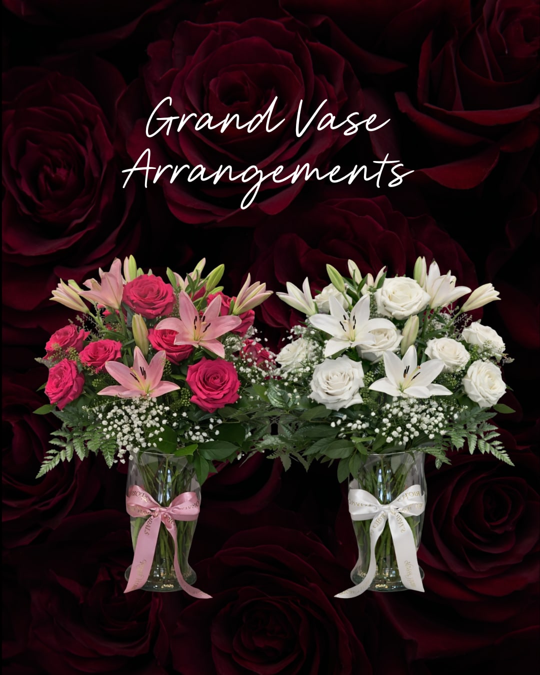 Grand Vase Arrangement - Valentine's Day - Our large grand vase arrangement features 18 roses, lilies, lush greenery, and a hint of baby’s breath, styled in a large statement vase.