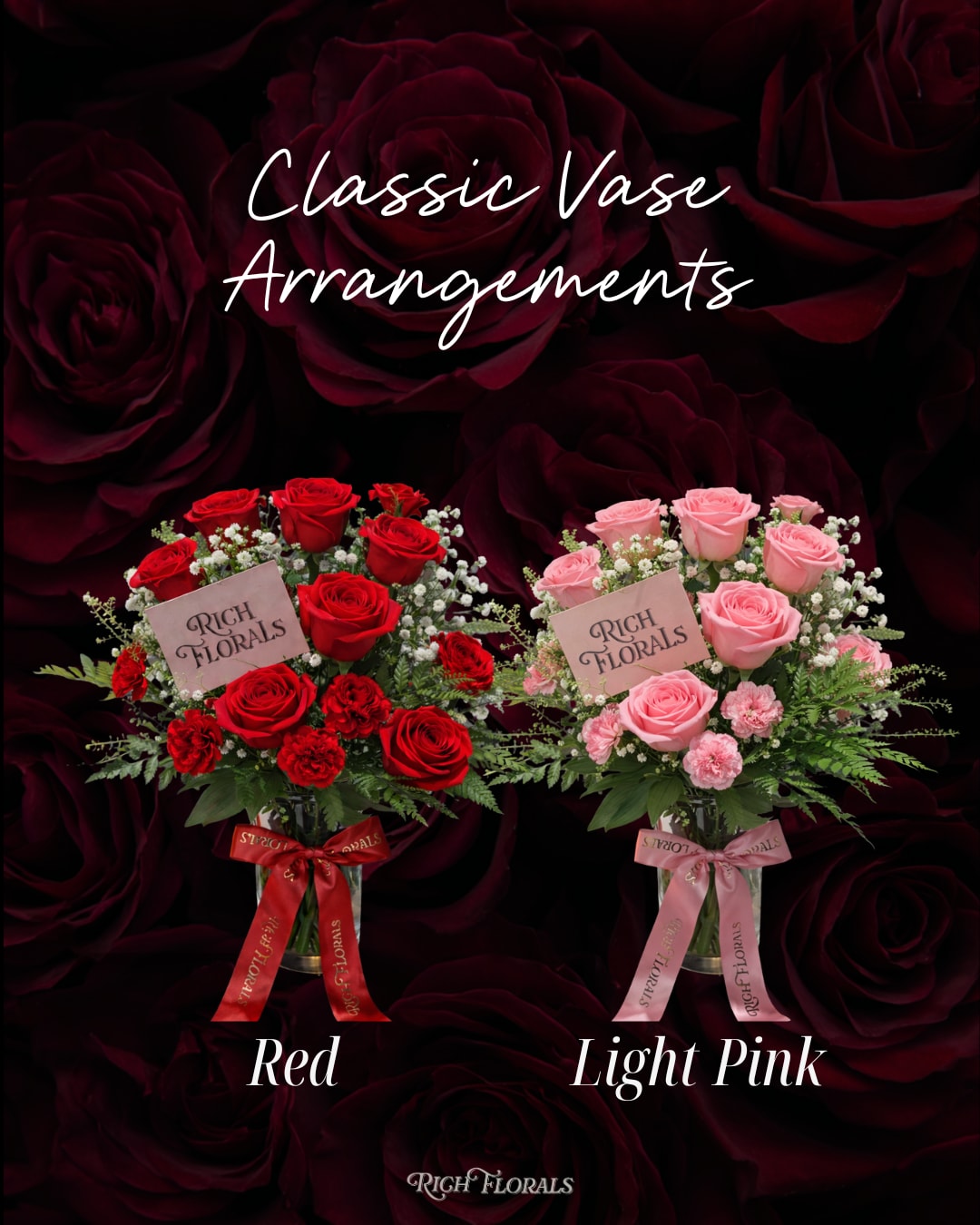 Classic Vase Arrangement - Valentine's Day - Twelve premium roses with carnations, baby’s breath, and greenery. Designed in a glass vase for a clean, romantic look.