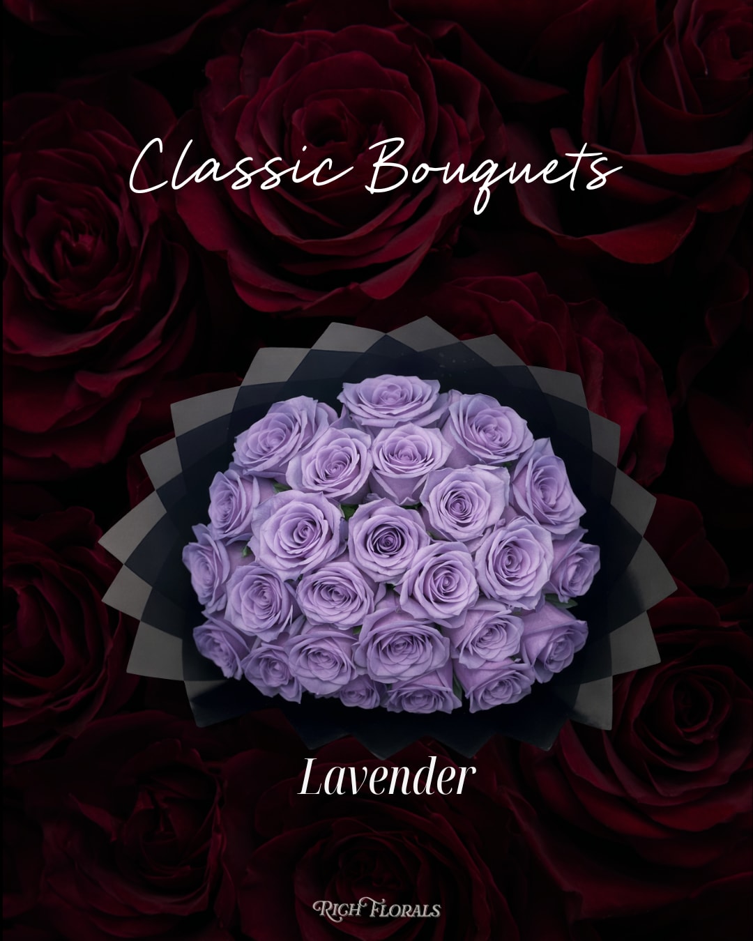 Lavender Classic Bouquet - Valentine's Day - A round bouquet of premium LAVENDER roses, hand-tied and designed to impress. Available in 25, 50, or 75 stems, this Valentine’s Day rose arrangement is the perfect classic bouquet for a romantic gesture.