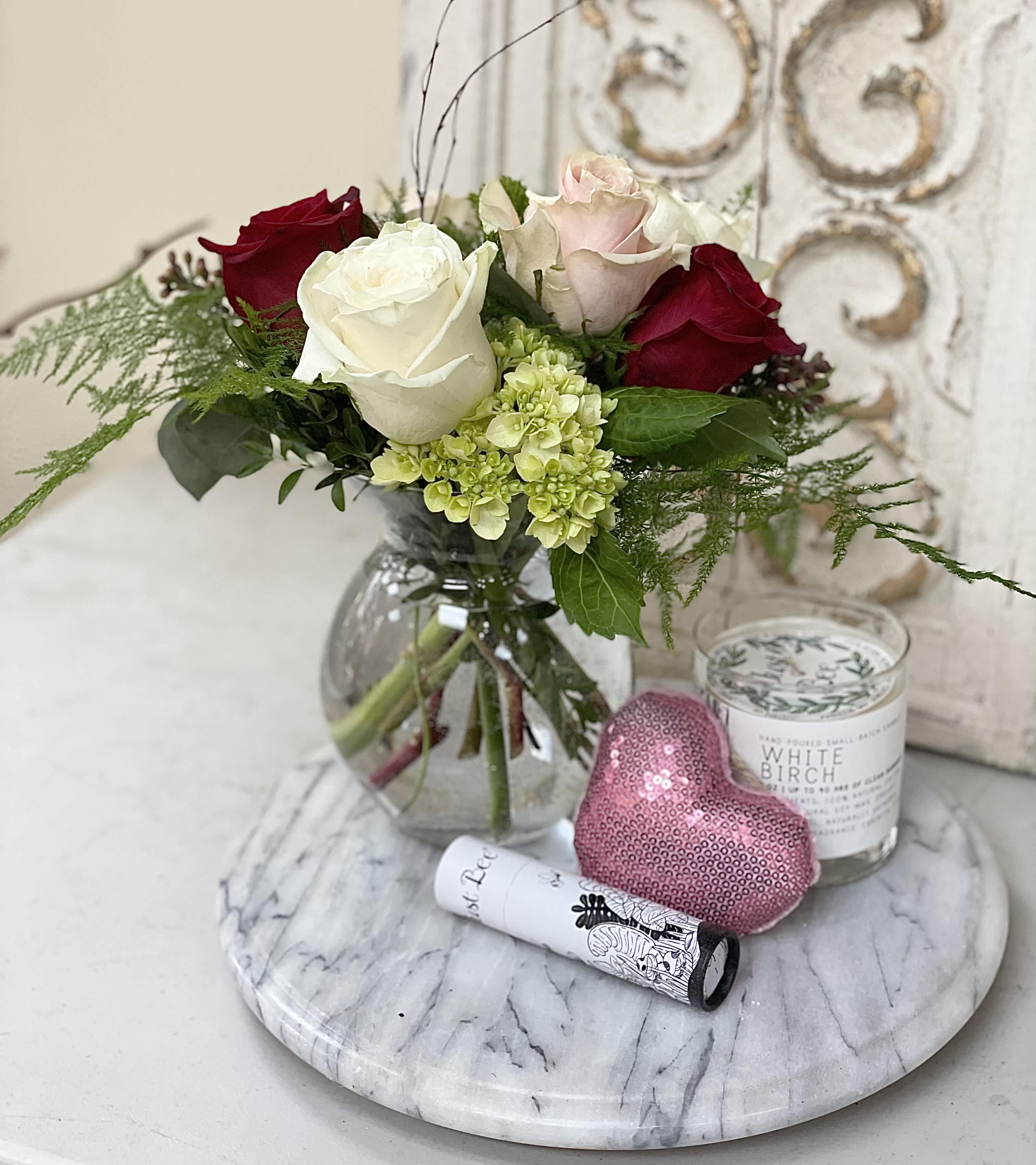  Gift and Flowers - A beautiful Floral arrangement, perfect for a desk or smaller table, paired with a Just Bee’s scented Candle that has an amazing aromatic scent with matches and a soft heart, perfect for the one you love!!
