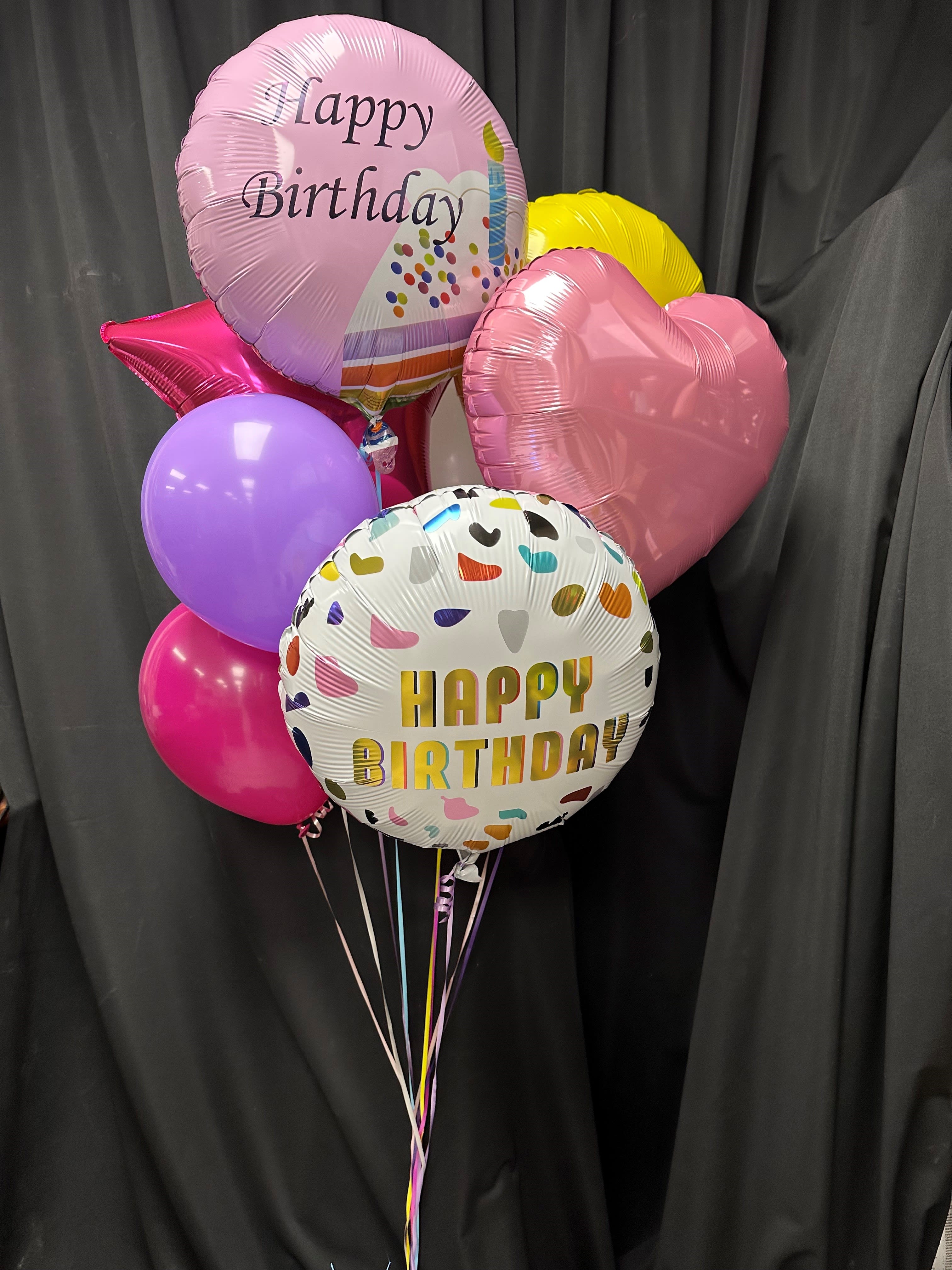 Happy Birthday Balloon Bouquet  - Celebrate their special day in style with our vibrant Birthday Balloon Bouquet, available in three sizes to suit your celebration:  Standard: 3 mylar balloons featuring "Happy Birthday" designs 5 latex balloons in assorted colors Deluxe: 5 mylar balloons featuring "Happy Birthday" designs 3 latex balloons in assorted colors Premium: 8 mylar balloons featuring "Happy Birthday" designs 5 latex balloons in assorted colors Please note that colors and styles may vary, but each bouquet is guaranteed to add a festive and cheerful touch to the birthday festivities.