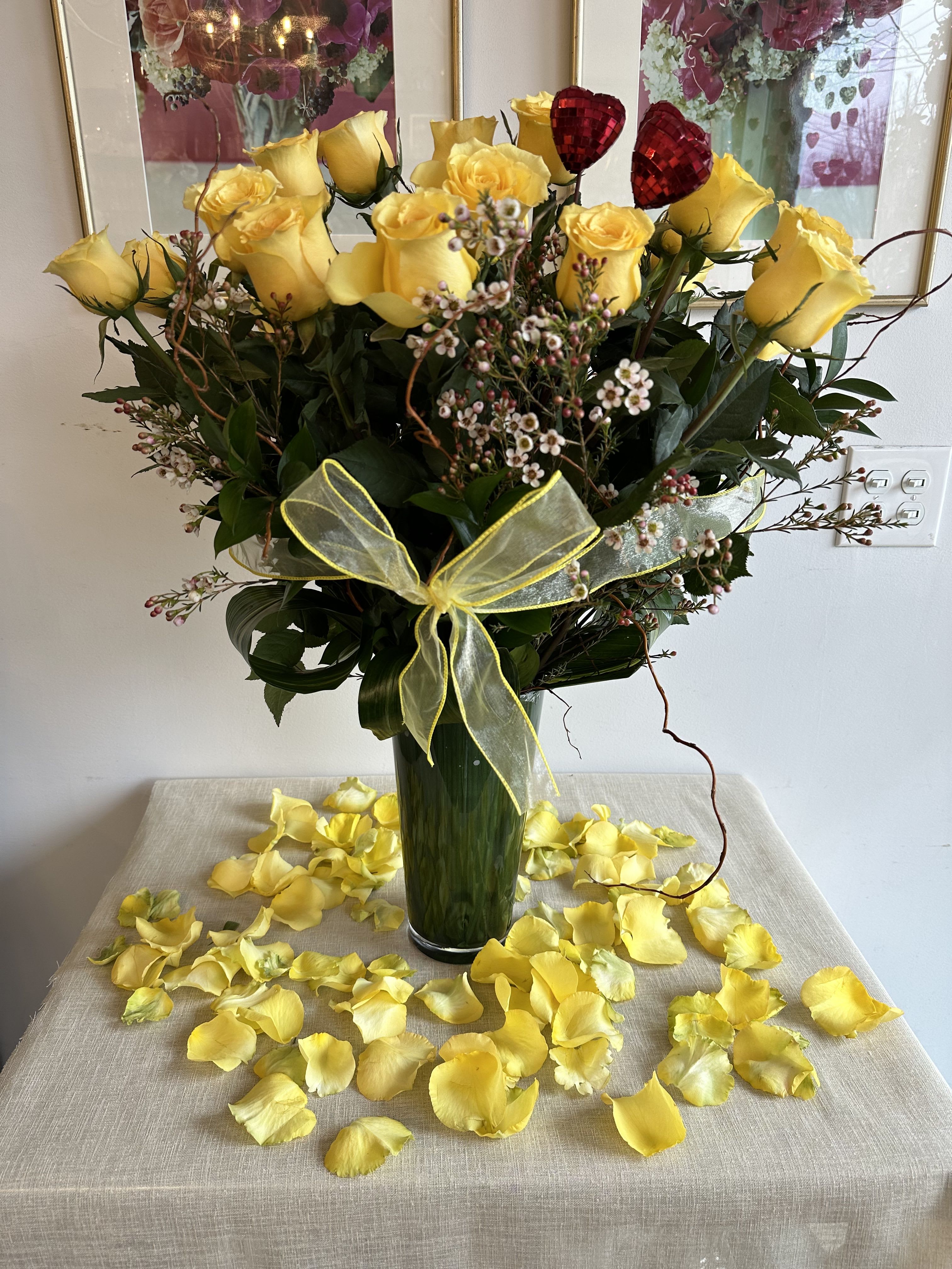 CUBANA YELLOW ROSES - Extremely beautiful yellow roses called CUBANA with an incredibly perfect touch of wax flower and a hint of curly willow, a perfect gift.   *** Standard Version*** Dozen Long - Stemmed Roses  *** Deluxe Version*** two Dozen Long Stemmed Roses  ***Premium Version*** Three Dozen Long Stemmed Roses  'I DON'T NEED A DATE TO LOVE YOU, BUT TODAY I WANT TO REMIND YOU.'                               WITH ''BEAUTIFUL FLOWERS''