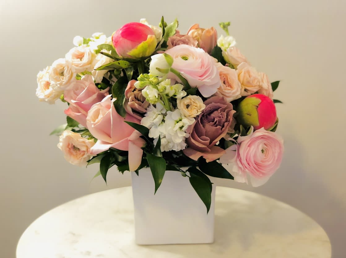 HUGS AND KISSES XOXO -  The beauty of the peonies and the pink ranunculous , with a touch of coffee,along with the soft white tones. It’s just beautiful! Perfect for sending someone you love hugs and kisses!❤️